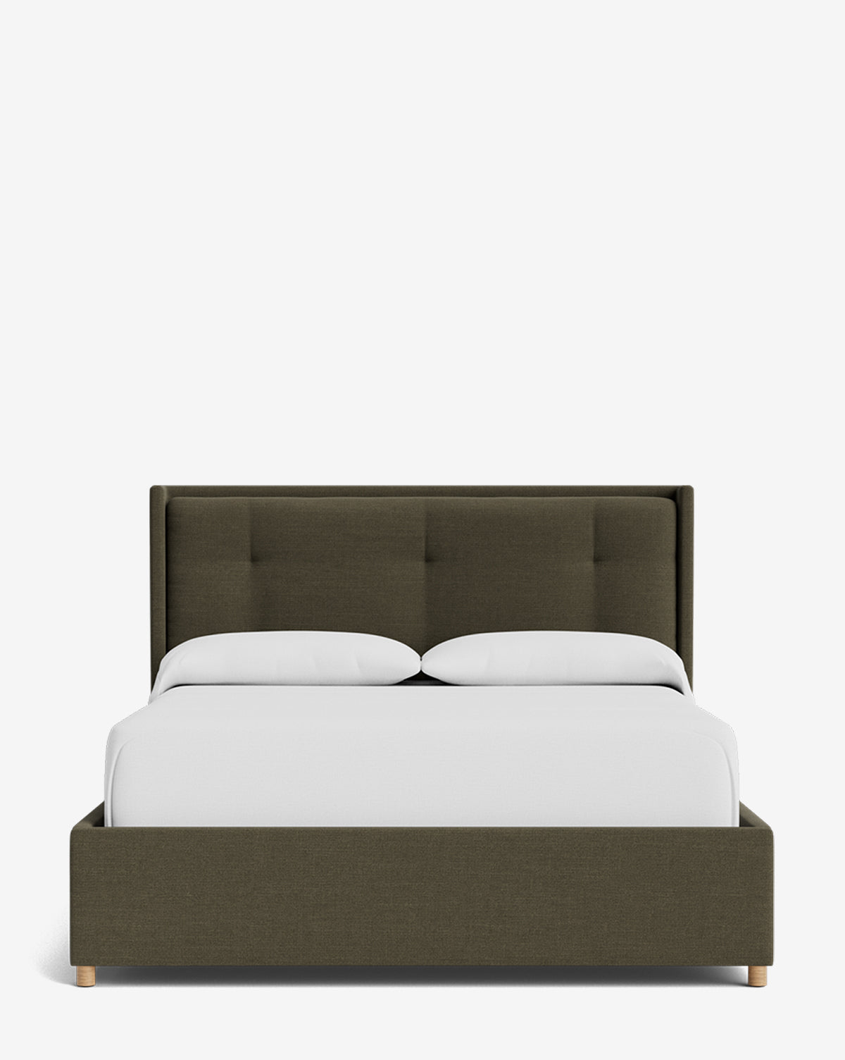 The Ria Bed Low Headboard features a modern olive-green upholstered frame and tufted headboard, neatly styled with white bedding and two pillows, displayed from the front on a white background by Vendixs