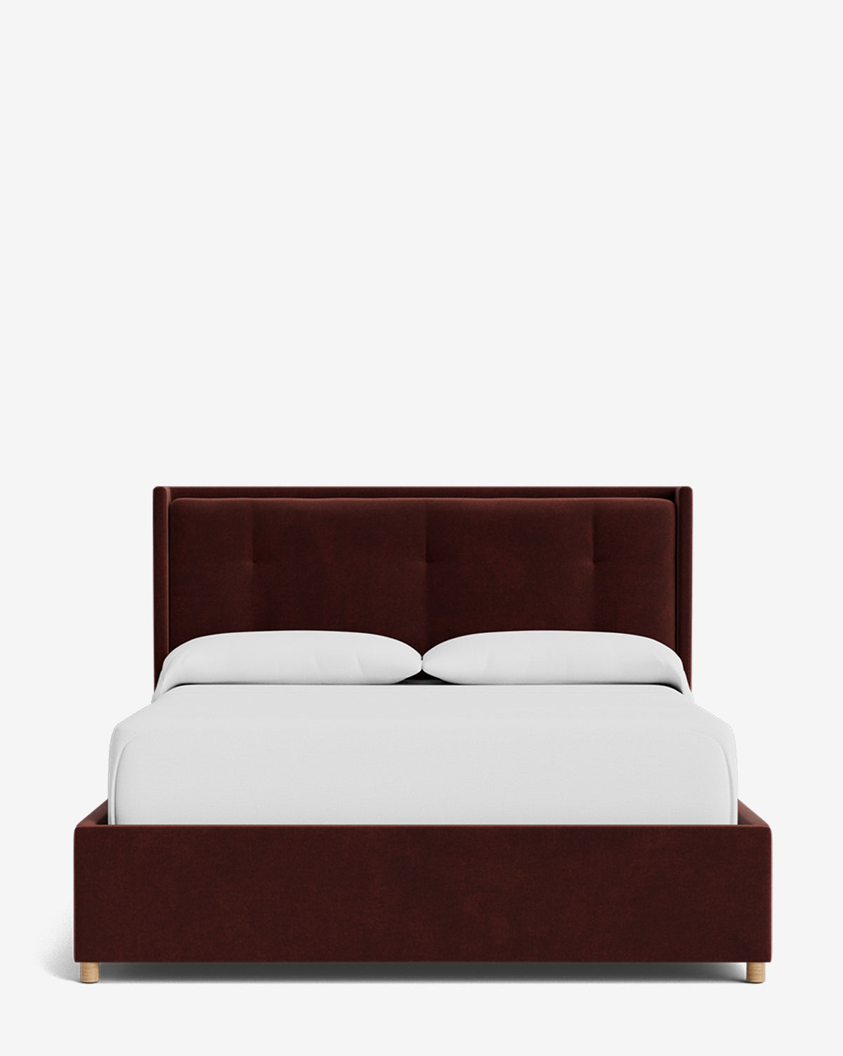 The Ria Bed Low Headboard features a dark brown upholstered frame, neatly made with white bedding and two pillows, displayed against a plain white background, by Vendixs