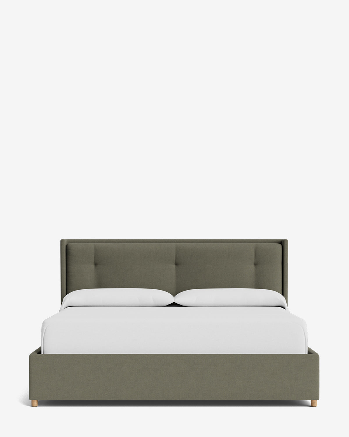 The Ria Bed Low Headboard is a modern upholstered platform bed with a padded headboard, shown in white bedding with two pillows against a plain white background, by Vendixs