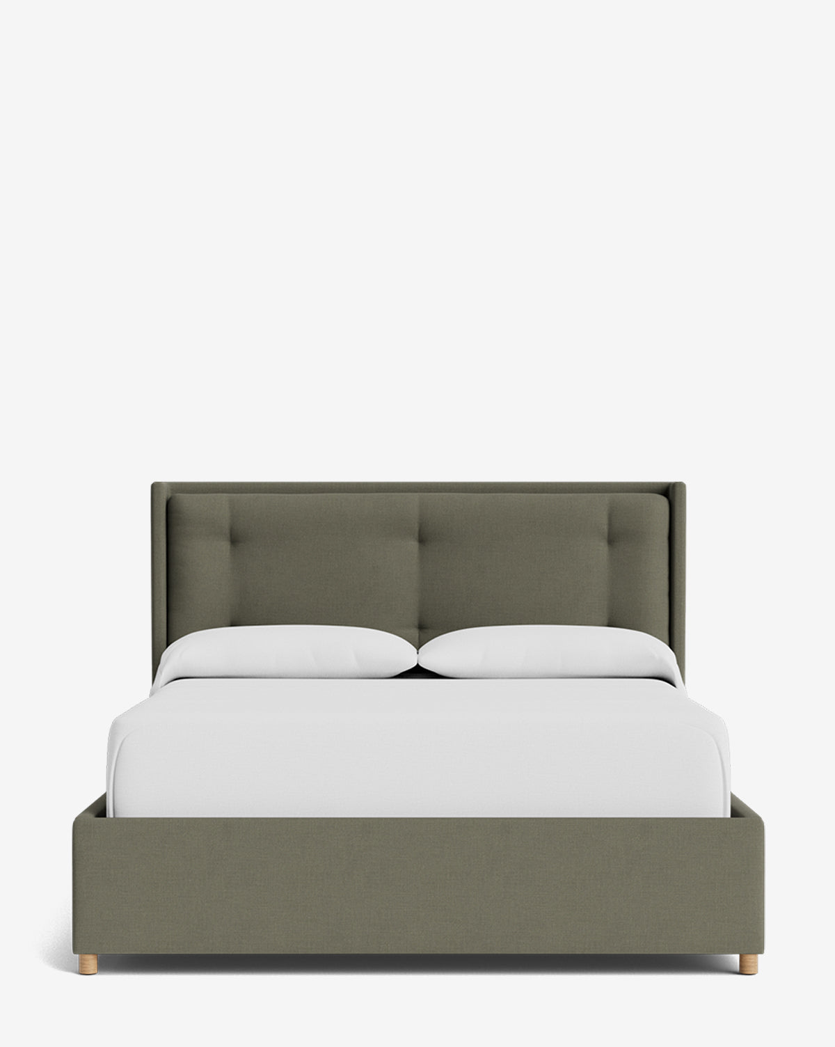 The Ria Bed Low Headboard features an upholstered olive green frame, light wooden legs, and white bedding. Its simple, modern design with clean lines sits against a plain white background, by Vendixs