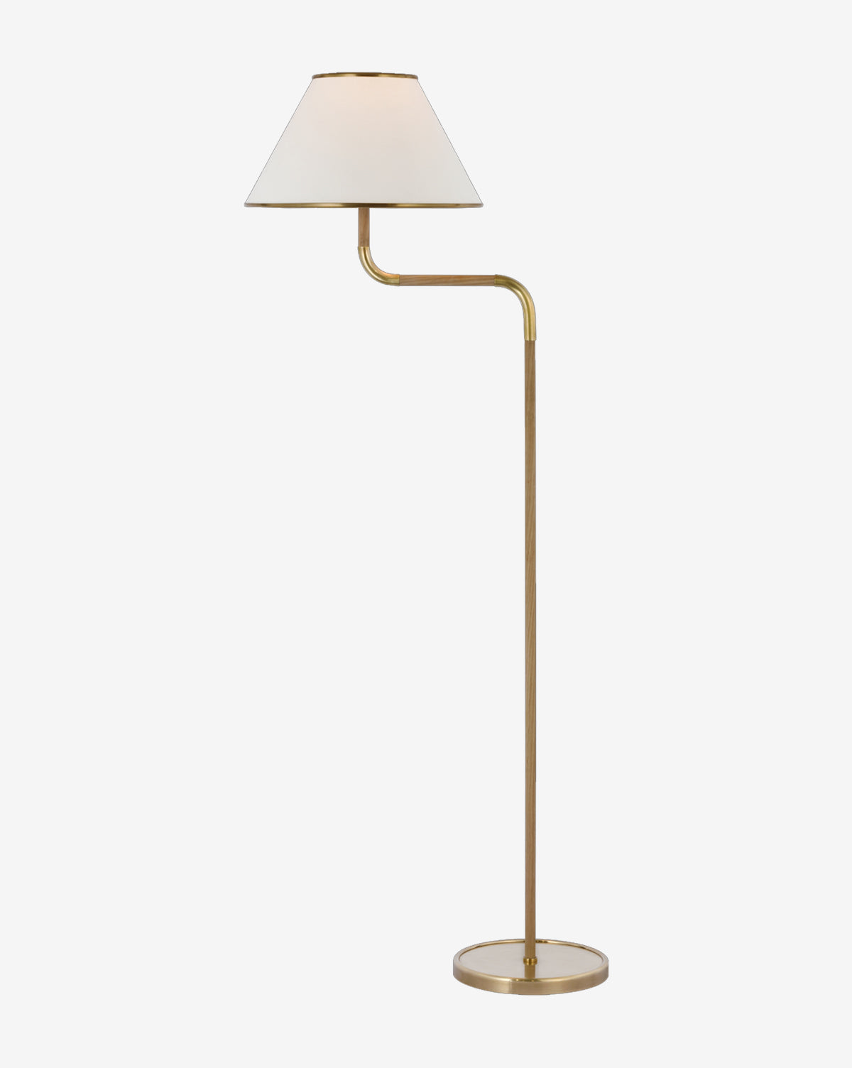The Rigby Medium Bridge Arm Floor Lamp by Visual Comfort & Co. Signature features a brass finish, round base, slim stand, and angled arm with a white linen shade—its minimalist design pairs perfectly with modern chandeliers. Vendixs