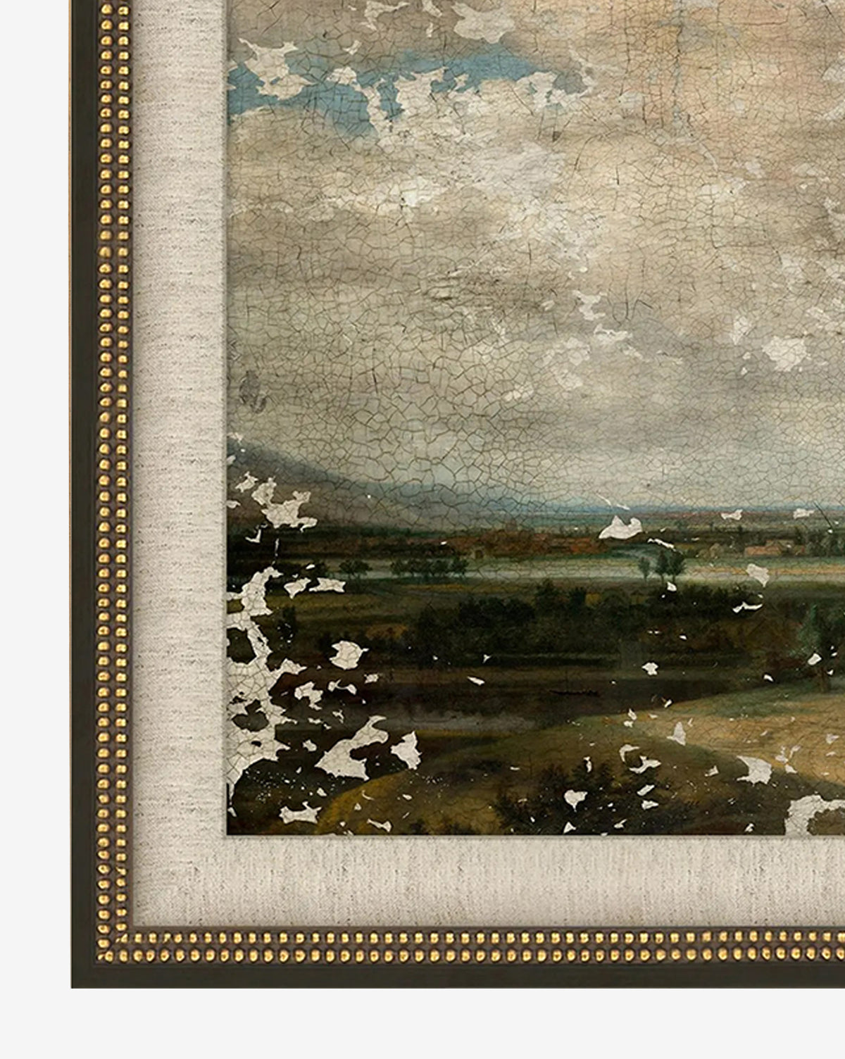 Close-up of the lower left corner of Roaming Fields, a framed, weathered landscape painting with cracked giclee details, visible paint loss, and gold beaded frame accents, by Vendixs