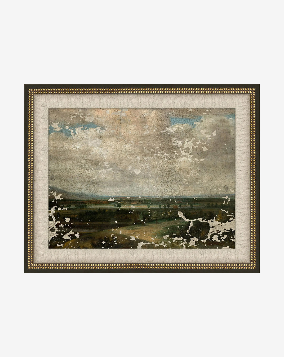 Roaming Fields is a framed vintage landscape painting featuring a cloudy sky over green and brown fields. Set in a gold leaf frame with worn, peeling paint, it brings timeless character and authentic vintage charm to your wall decor, by Vendixs