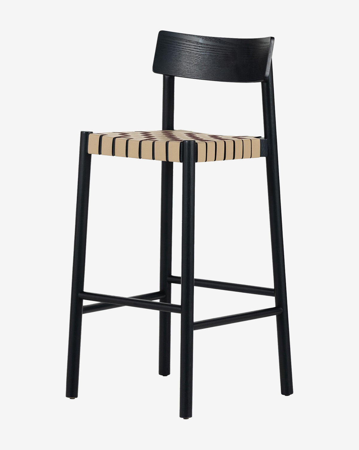 The Robson Stool is a modern kitchen stool with a black wooden frame, curved backrest, and a beige and brown woven leather seat. Four straight legs are joined by horizontal bars for extra stability and style, by Vendixs