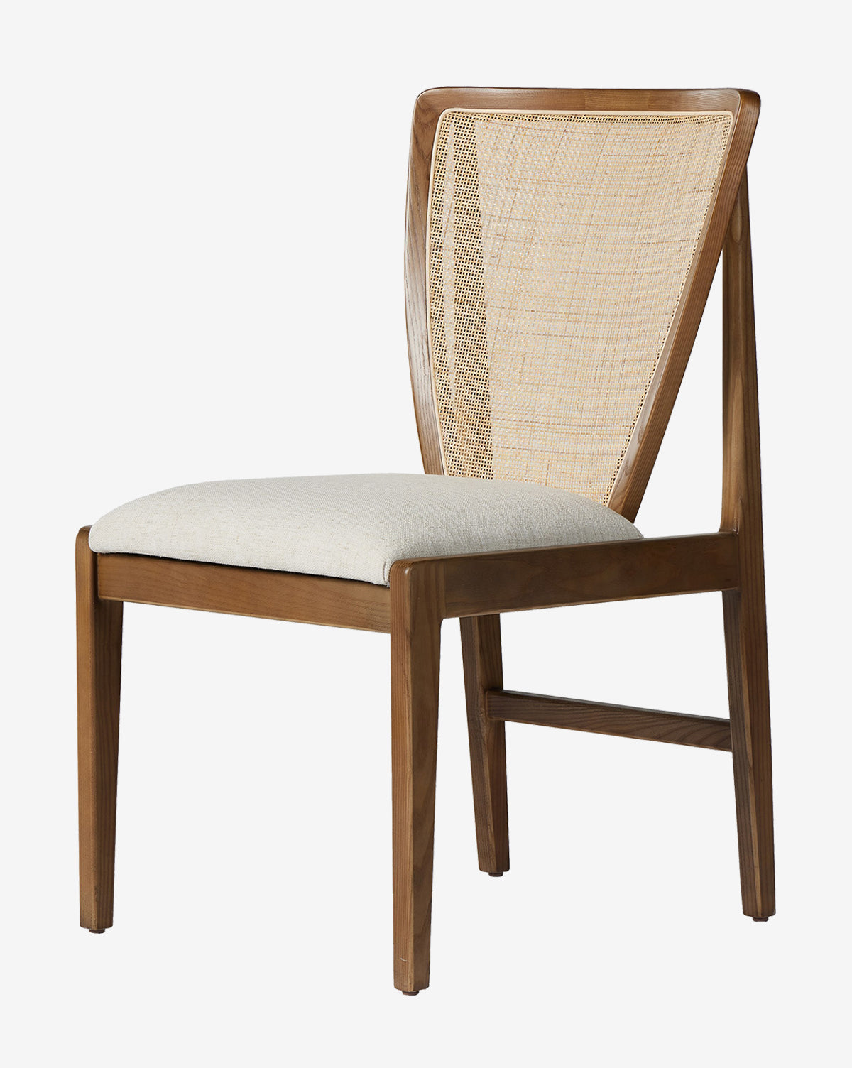 The Rogan Dining Chair features a cream performance fabric seat, woven cane back, clean lines, and an angled back for a modern, contemporary style, by Vendixs