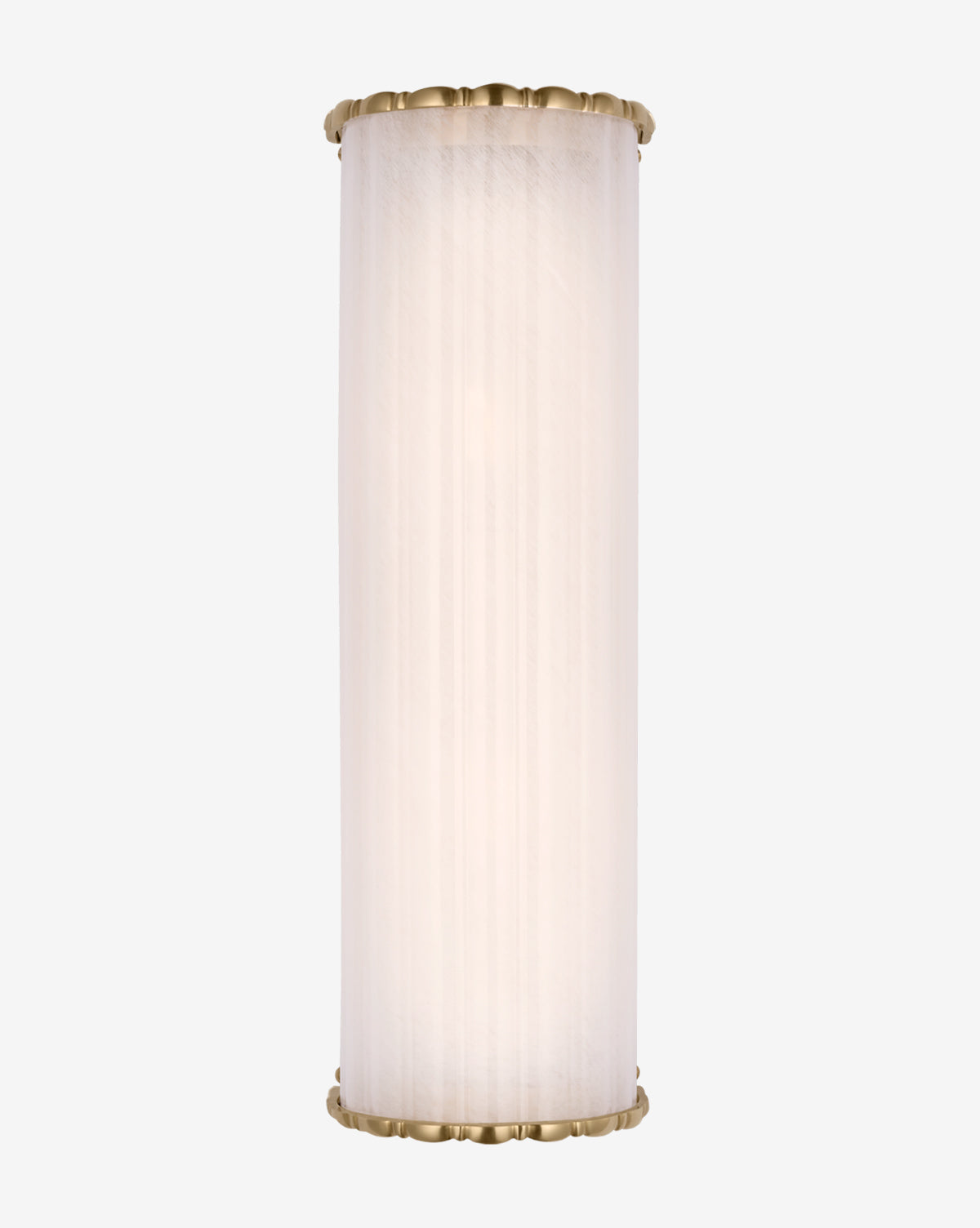 The Rosehill Linear Sconce by Visual Comfort & Co. Signature showcases a cylindrical white glass shade with brass trim, delivering elegant lighting against a simple light background, and is available at Vendixs