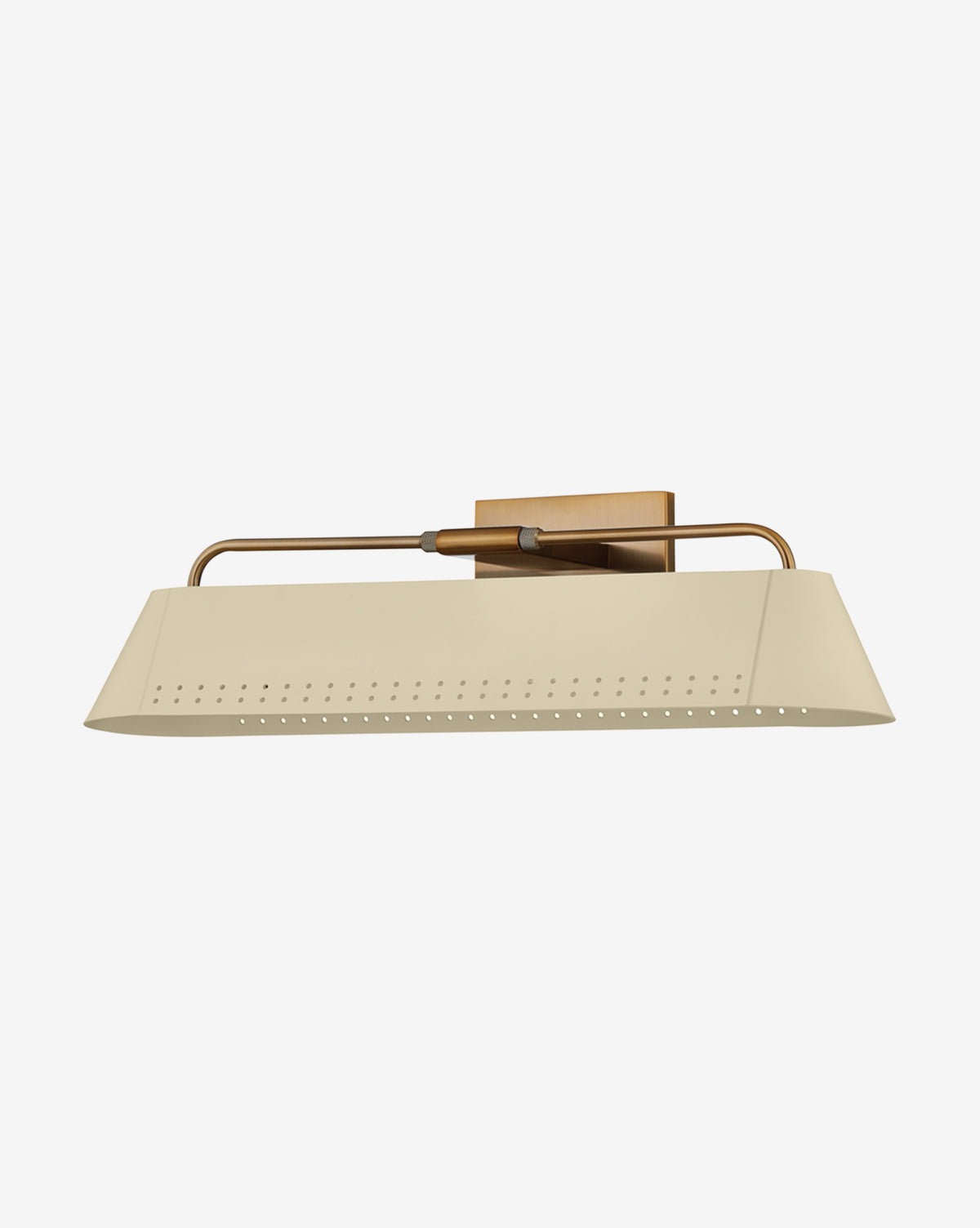 The Rowan Picture Light by Troy Lighting features a rectangular cream shade and elegant brass backplate and arm, wall-mounted against a plain white background, Vendixs