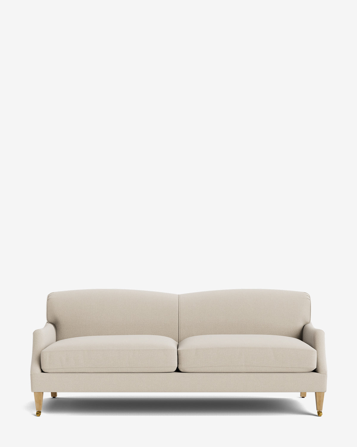 The Rowley Sofa 85 by Rowe Fine Furniture, Inc. is a modern, light beige two-seater with soft cushions and wood legs with gold-tone caps. Hand-crafted and customizable, it is shown on a plain white background. Vendixs