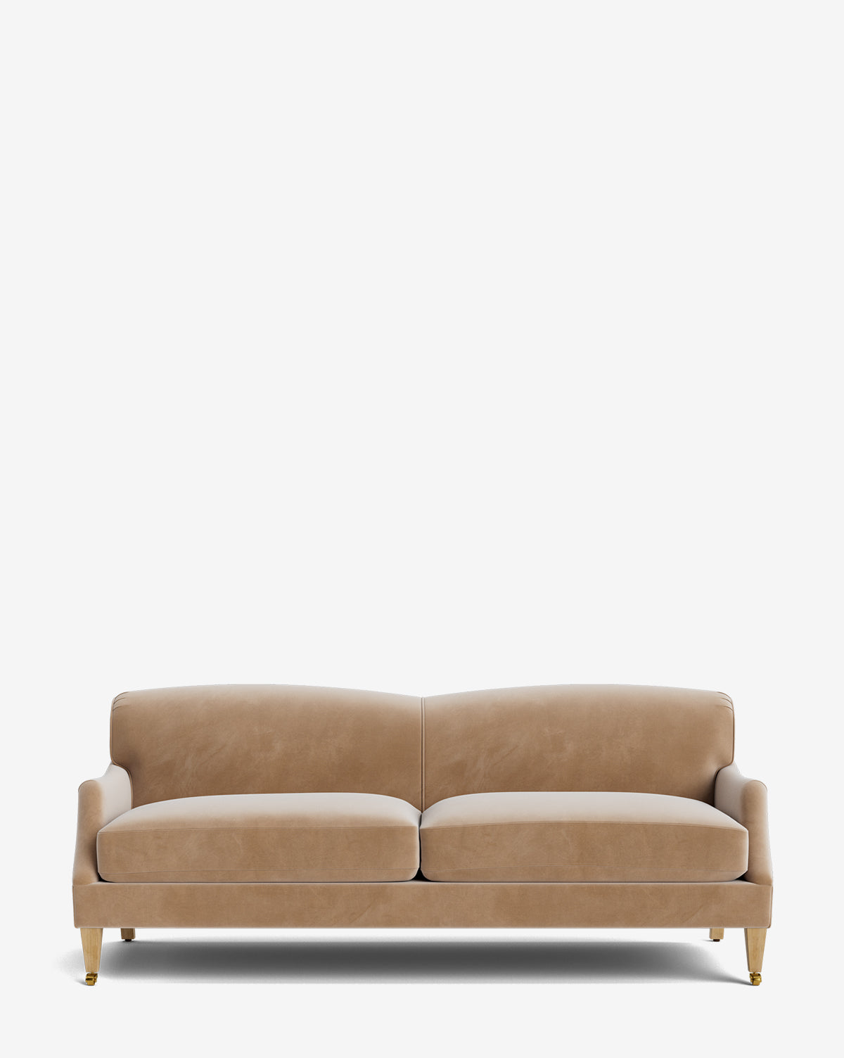 The Rowley Sofa 85 by Rowe Fine Furniture, Inc. features tan velvet upholstery, two seat cushions, a curved backrest, and slim arms. Hand-crafted with tapered wooden legs and gold-colored tips, shown against a plain white background. Vendixs