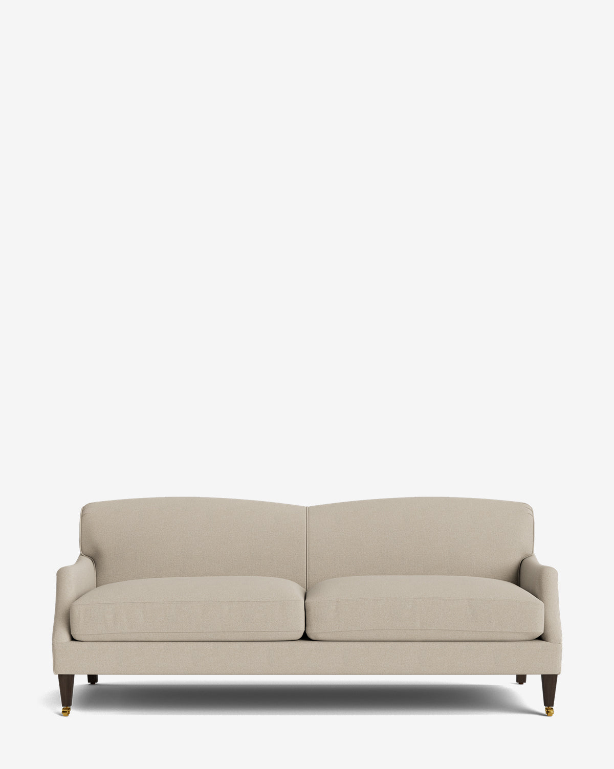 The Rowe Fine Furniture, Inc. Rowley Sofa 85 is a beige hand-crafted sofa with two seat cushions, low backrest, slightly curved arms, and dark wooden legs on a white background. Customizable fabric options are available. Vendixs