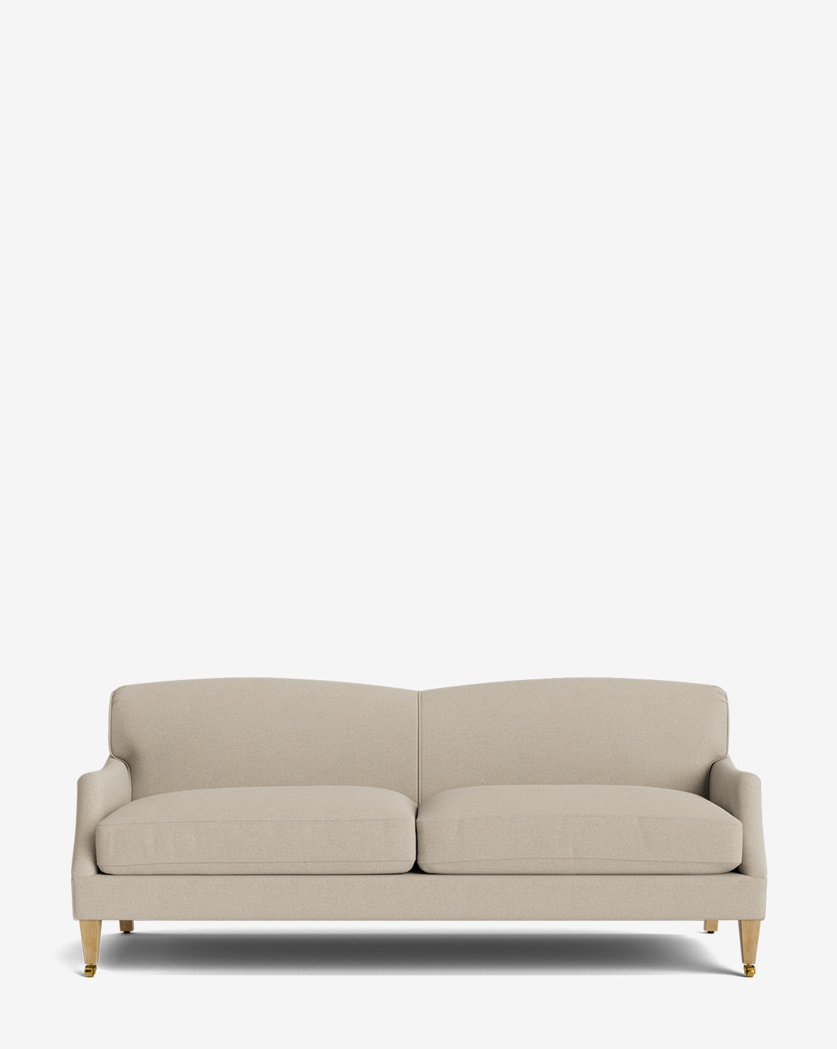The Rowley Sofa 85 by Rowe Fine Furniture, Inc. features beige upholstery, hand-crafted details, two seat and back cushions, low arms, wooden legs, and customizable fabric options to suit your style. Shown against a plain white background. Vendixs