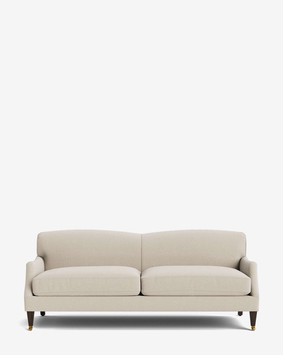 The Rowley Sofa 85 by Rowe Fine Furniture, Inc. is a beige, two-seat hand-crafted sofa with plush cushions, a curved backrest, low arms, and dark wooden legs with brass accents. Customizable fabric options. Shown on a plain white background. Vendixs
