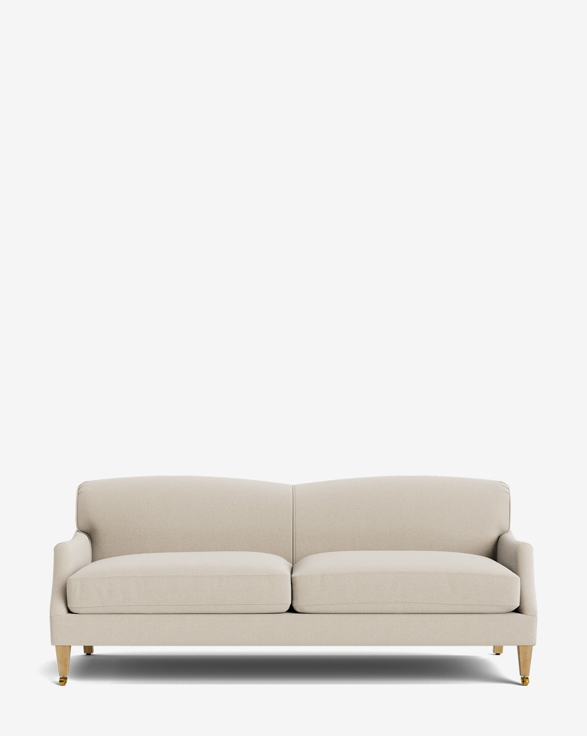 The Rowley Sofa 85 by Rowe Fine Furniture, Inc. is a beige, modern two-seater with plush cushions, low arms, and wooden legs with gold metal caps. This hand-crafted sofa offers customizable fabrics and is shown against a white background. Vendixs