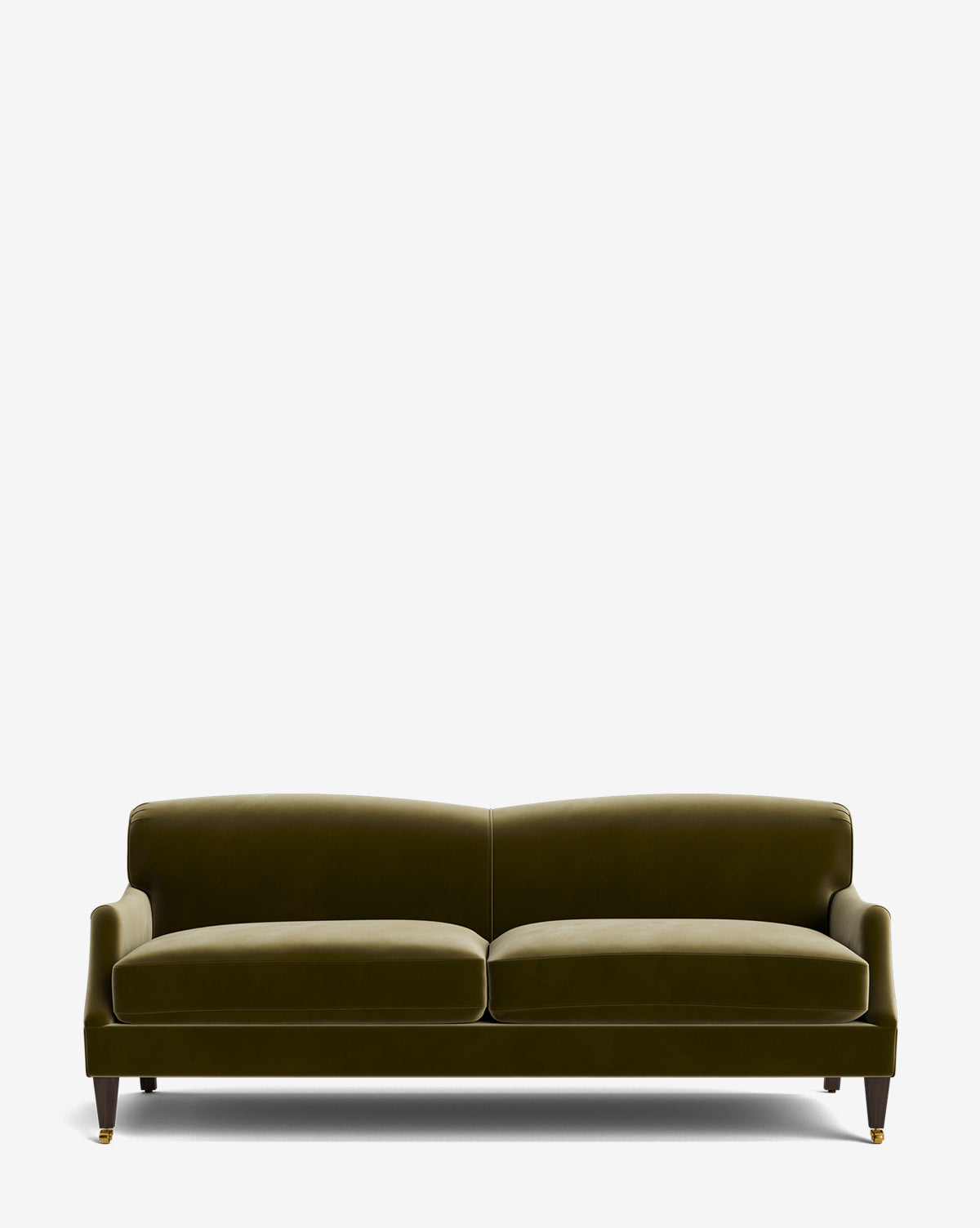 The Rowe Fine Furniture, Inc. Rowley Sofa 85 is a modern olive green velvet sofa with two seat cushions, a low backrest, slim armrests, and dark wooden legs with brass casters on the front, shown against a white background. Vendixs