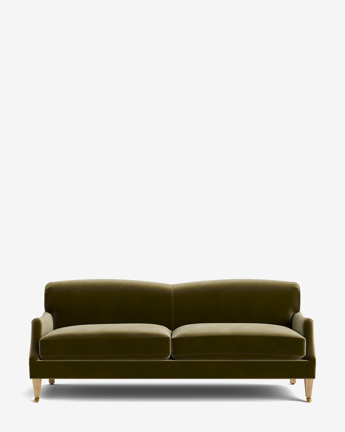 The Rowley Sofa 85 by Rowe Fine Furniture, Inc. is a modern olive green velvet hand-crafted sofa with a low back, two seat cushions, and wooden legs, shown against a plain white background. Vendixs