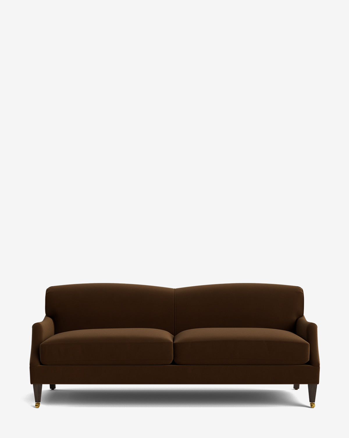The Rowley Sofa 85 by Rowe Fine Furniture, Inc. is a brown, three-seat hand-crafted sofa with two seat cushions, a low backrest, short wooden legs with brass caster wheels in front, and customizable fabric. Background is plain white. Vendixs