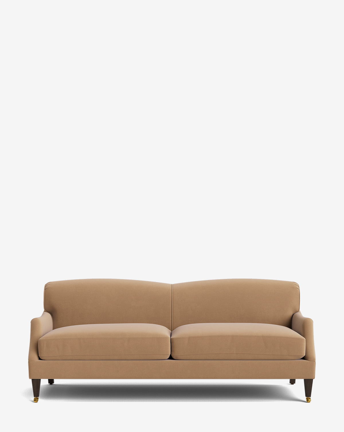 The Rowley Sofa 85 by Rowe Fine Furniture, Inc. features tan upholstery, two seat cushions, a curved backrest, short dark wooden legs with gold metal tips, and customizable fabric options, shown on a plain white background. Vendixs