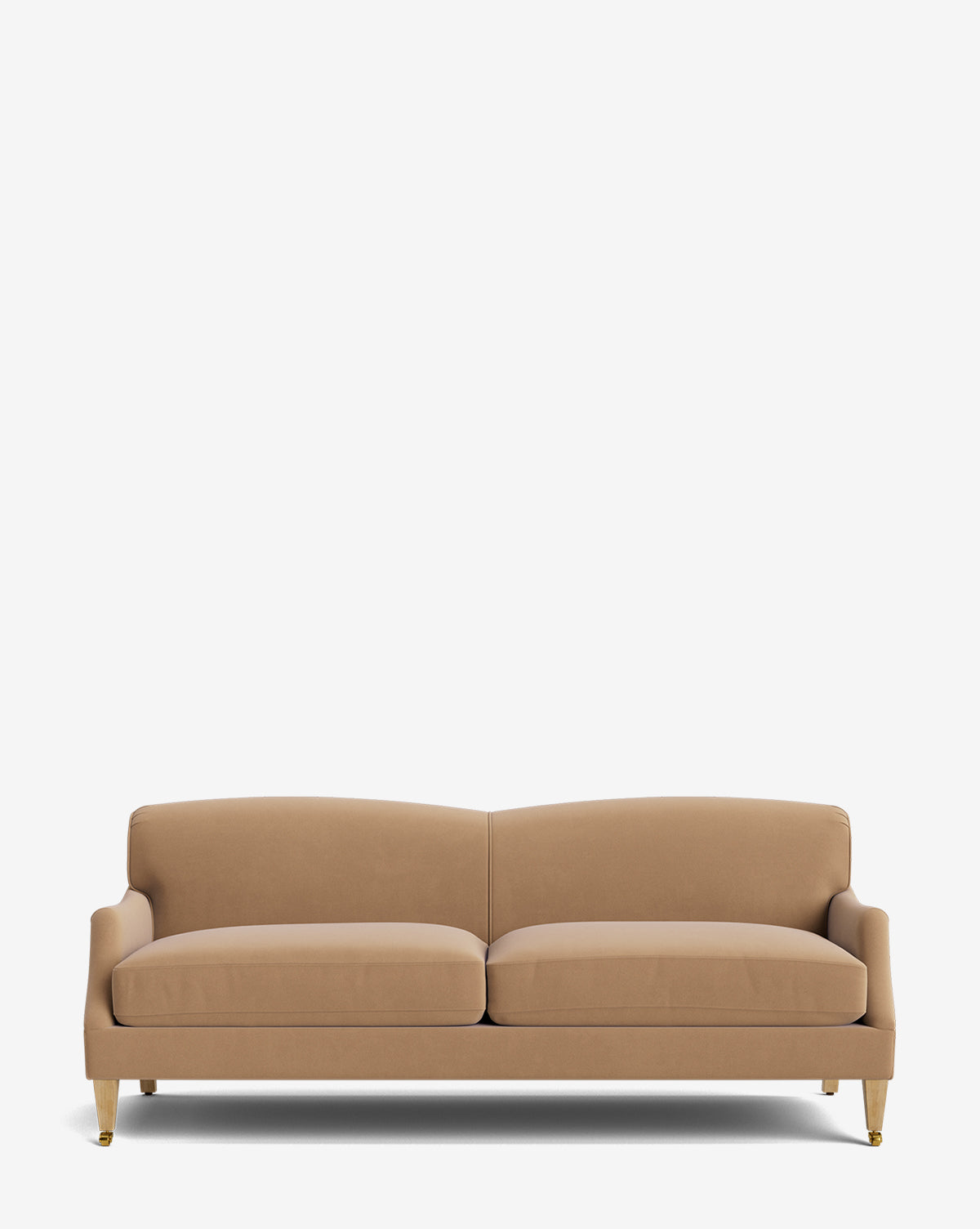 The Rowley Sofa 85 by Rowe Fine Furniture, Inc. is a tan, two-seater hand-crafted sofa with soft cushions and angled armrests, featuring four wooden legs with brass casters against a plain white background. Vendixs