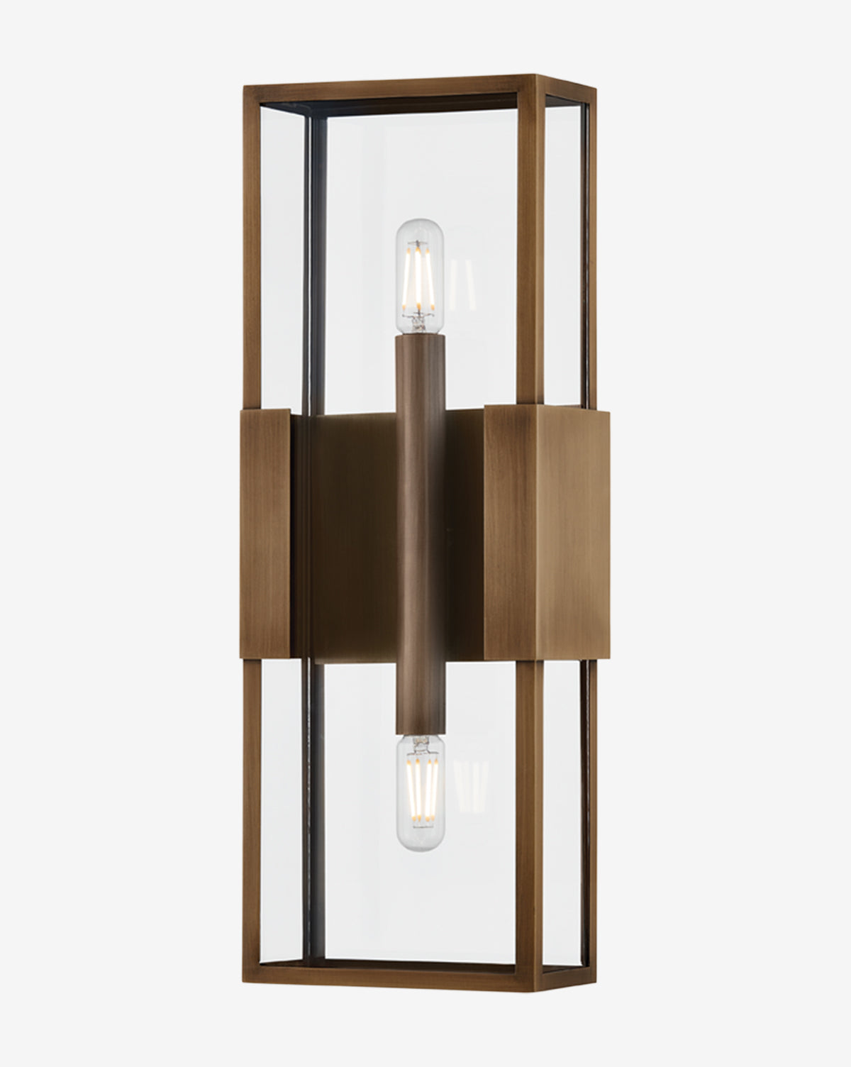 The Santa Clara Outdoor Sconce by Troy Lighting showcases a sleek rectangular patina brass frame, clear glass panels, and two exposed candelabra bulbs positioned at each end of a central bronze bar by Vendixs