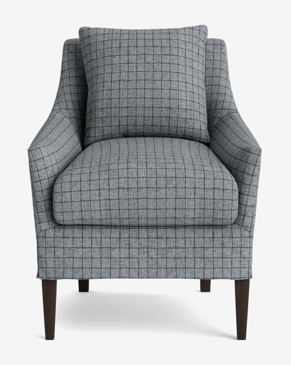 The Sascha Slipcover Dining Chair is a modern armchair with gray and black checkered fabric, a large backrest cushion, and dark wooden legs. Inspired by handcrafted dining chair designs, it combines stylish looks with exceptional comfort by McGee & Co.