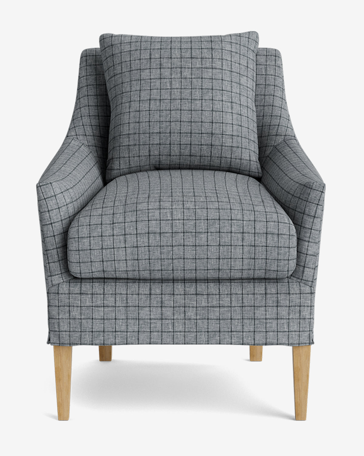 The Sascha Slipcover Dining Chair features light wooden legs, gray checkered upholstery, and a matching backrest cushion, shown from the front in a modern customizable design by McGee & Co.