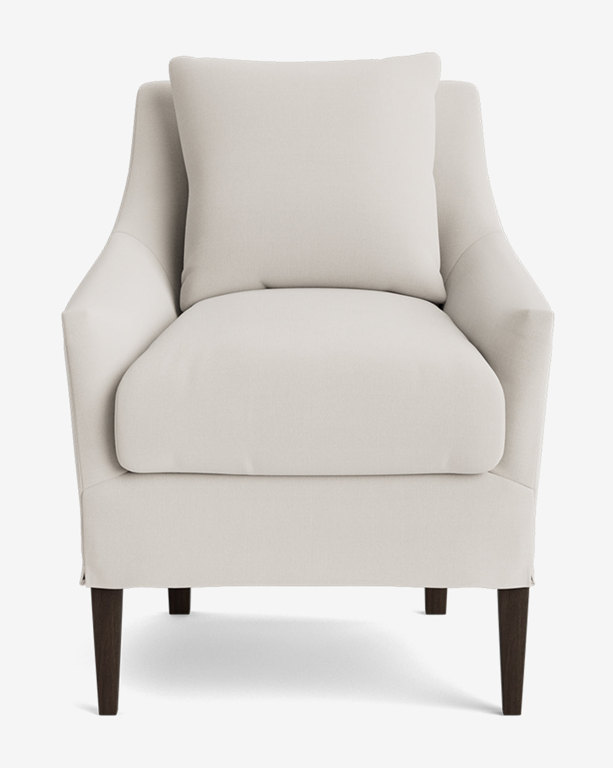 The Sascha Slipcover Dining Chair features light beige upholstery, a plush seat and back cushion, gently curved armrests, and dark wooden legs—showcased against a white background for a modern, elegant look, by McGee & Co.