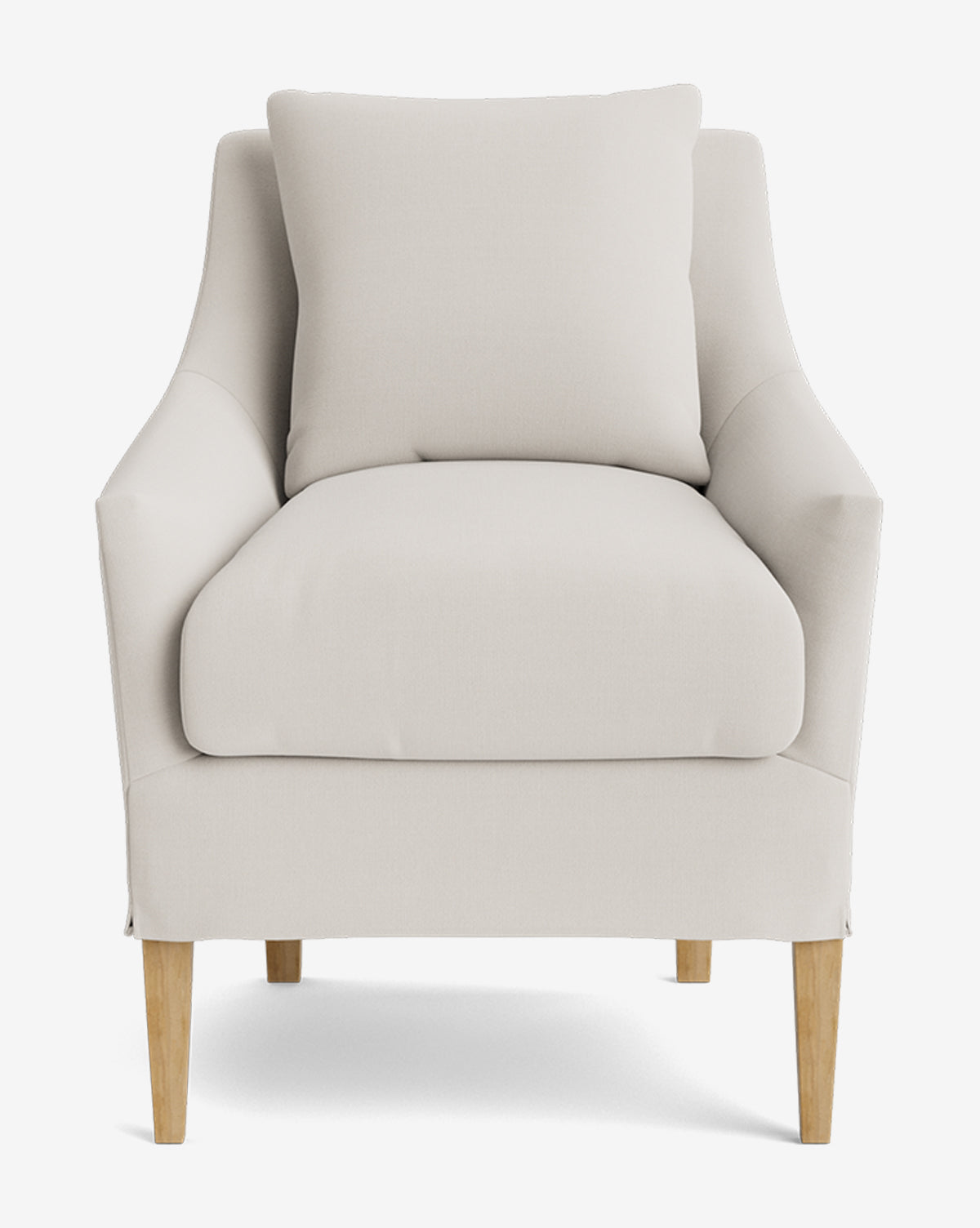 The Sascha Slipcover Dining Chair features light beige upholstery, a matching back cushion, and light wooden legs, shown from the front against a white background by McGee & Co.