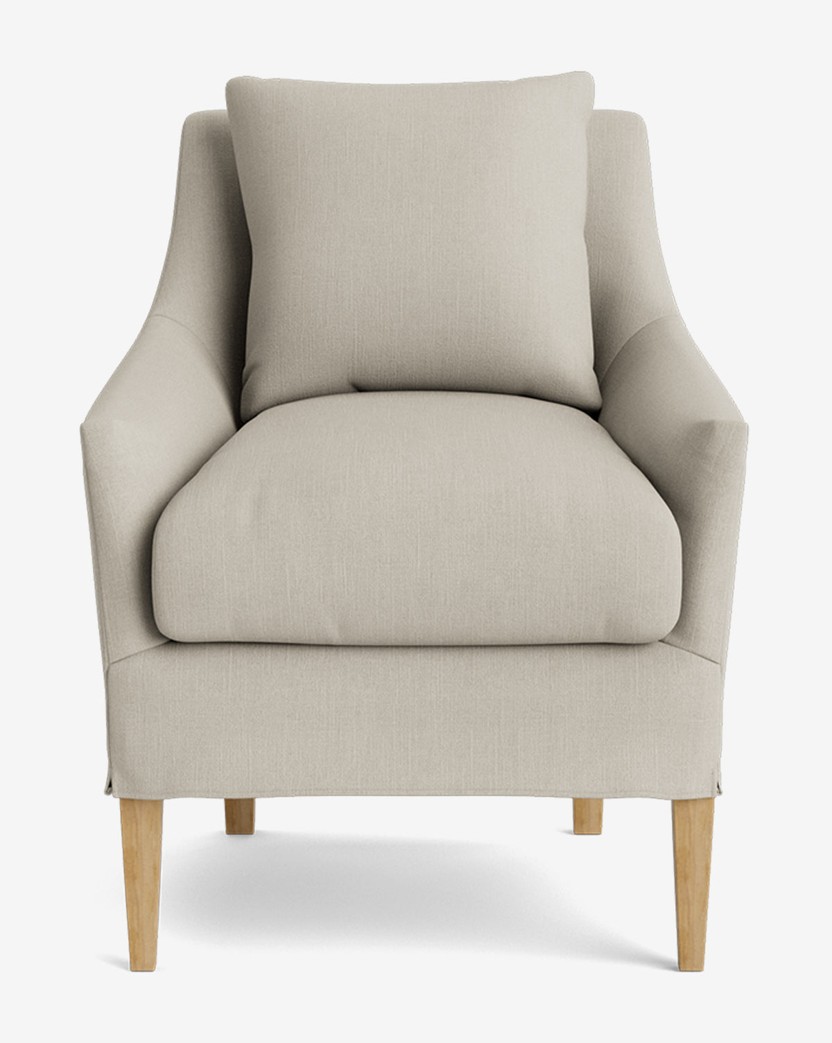 The Sascha Slipcover Dining Chair is a modern light beige chair with wooden legs and cushioned seat and backrest, shown from the front against a plain white background by McGee & Co.