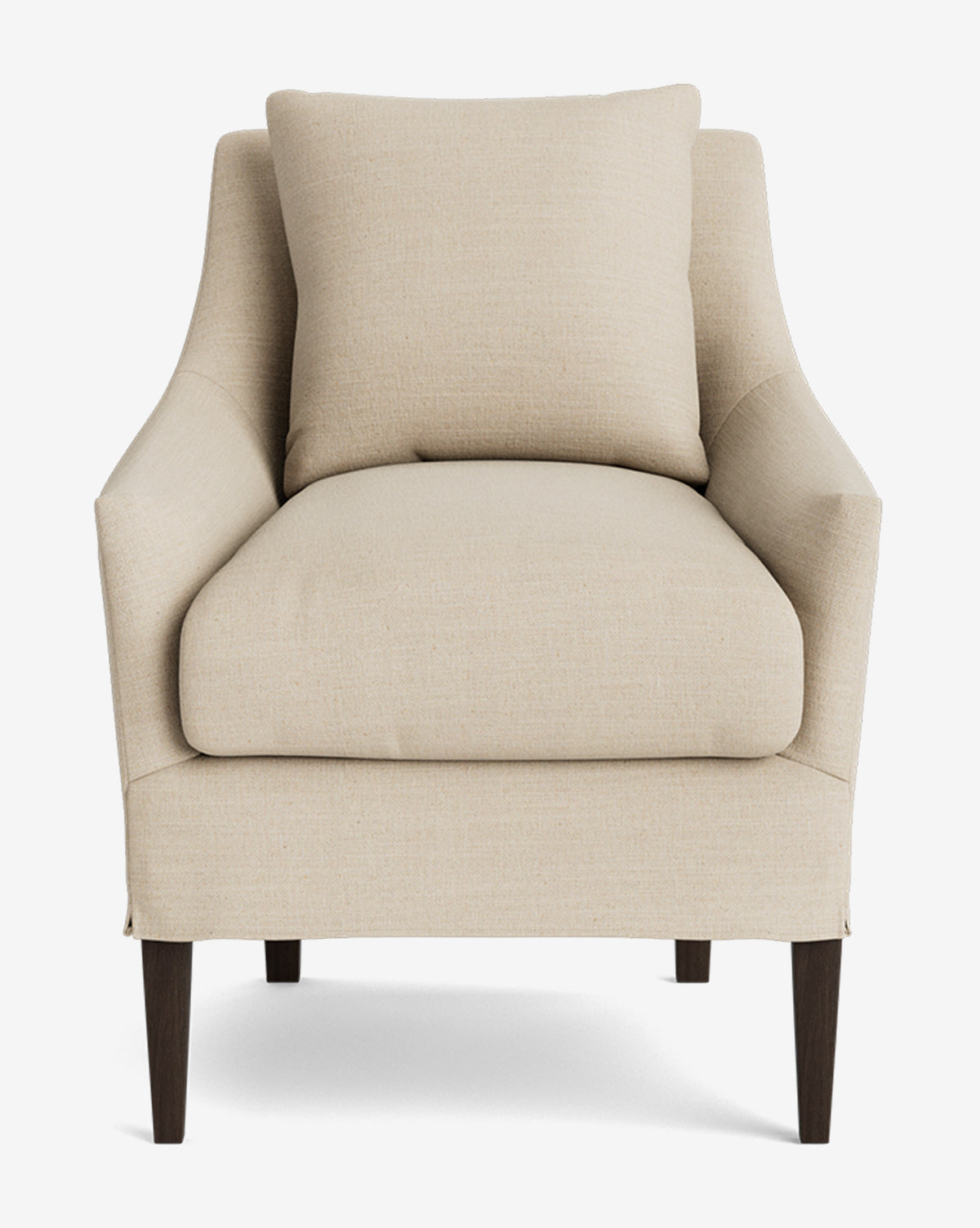 The Sascha Slipcover Dining Chair is an upholstered beige chair with a matching cushion, curved arms, and dark wooden legs, showcasing a handcrafted style against a plain white background by McGee & Co.