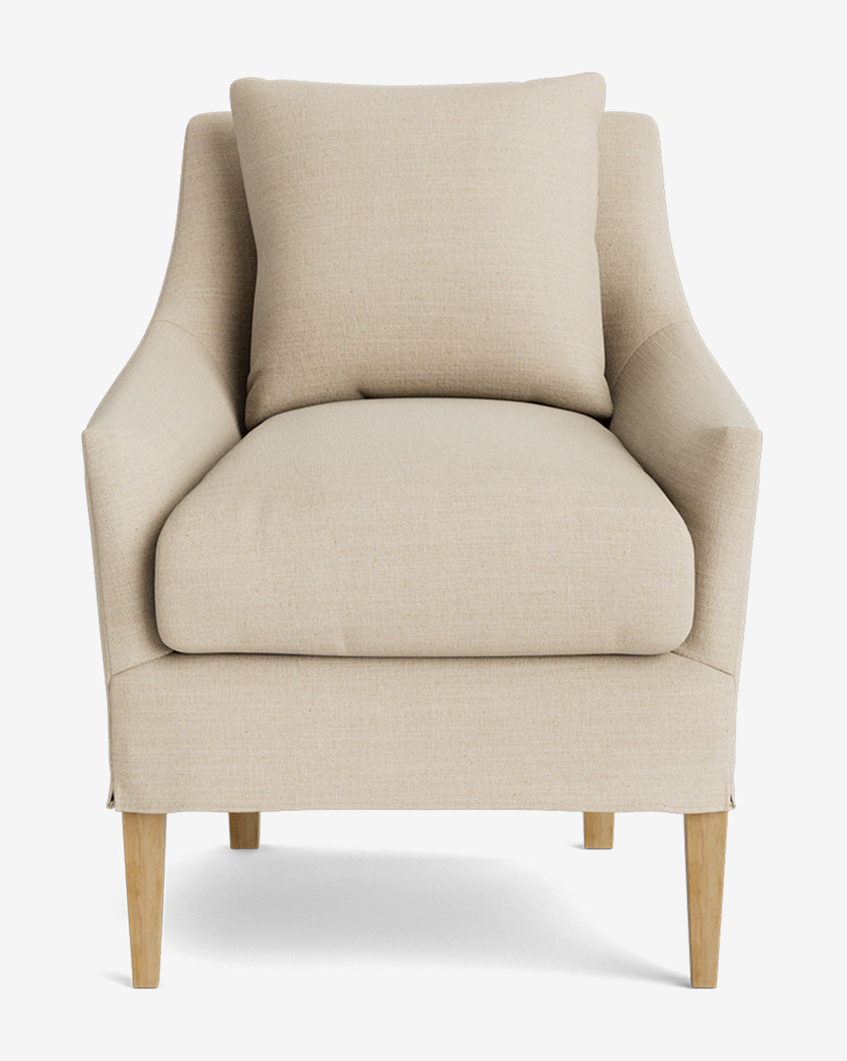 The Sascha Slipcover Dining Chair is a beige upholstered armchair with a matching cushion, slightly curved arms, and light wooden legs, shown from the front against a white background—ideal for elegant, comfortable dining spaces by McGee & Co.