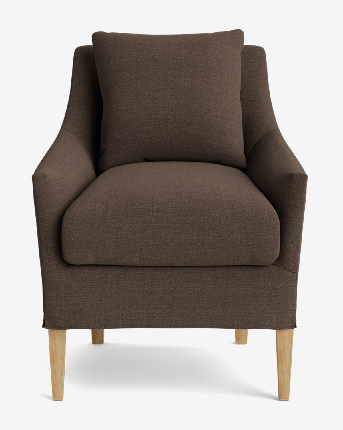 The Sascha Slipcover Dining Chair features dark brown upholstery, a matching cushion, curved armrests, and four light wooden legs—shown front-facing against a plain white background for a modern, handcrafted look, by McGee & Co.
