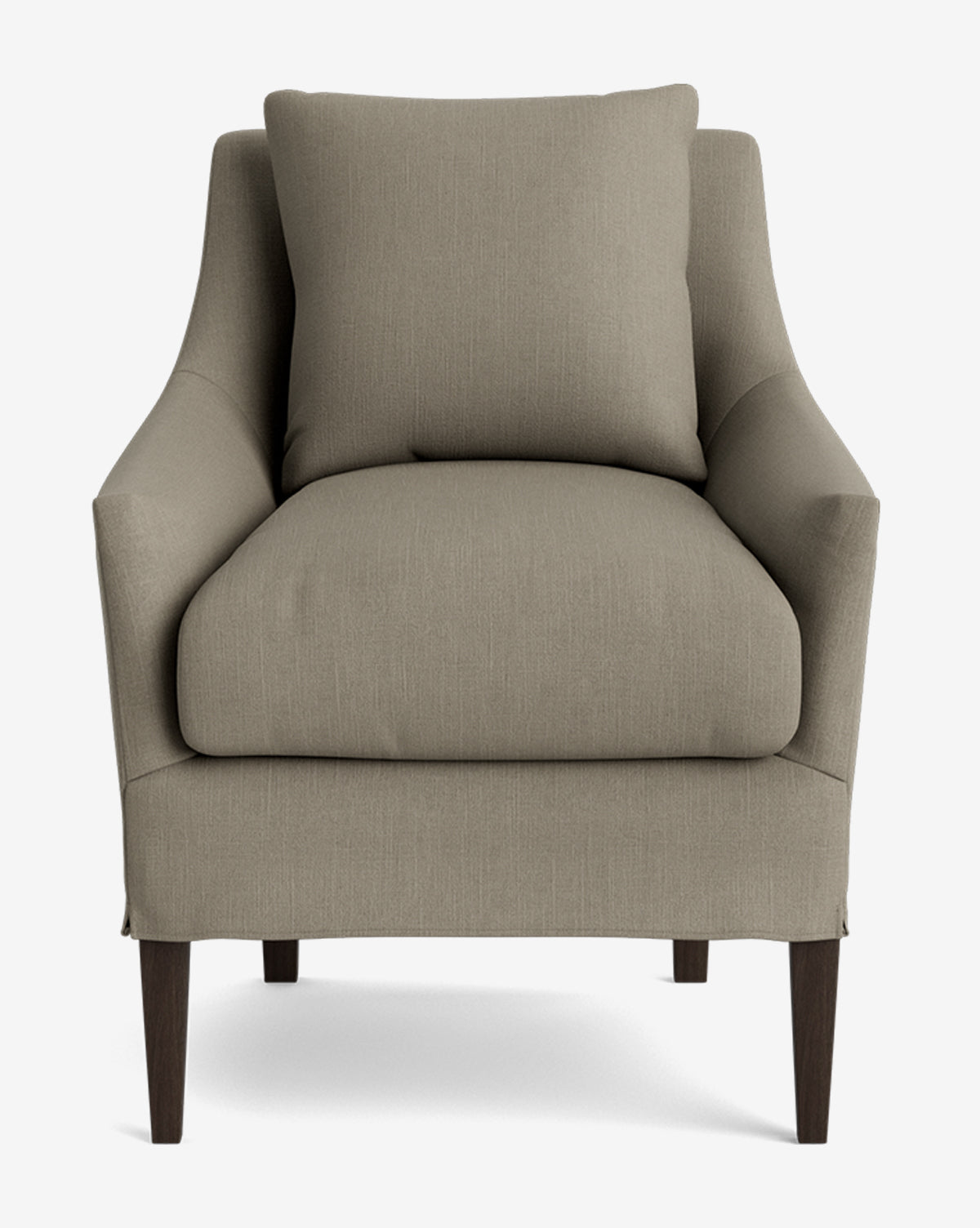 The Sascha Slipcover Dining Chair is shown from the front against a white background, featuring light brown upholstery, plush seat and back cushions, and dark wooden legs for a modern handcrafted look, by McGee & Co.