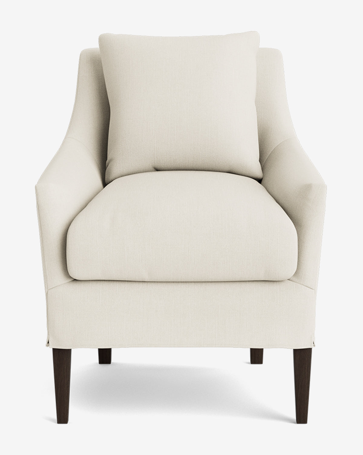 Front view of the Sascha Slipcover Dining Chair featuring cream upholstery, a plush seat cushion, matching back cushion, and dark wooden legs, by McGee & Co.