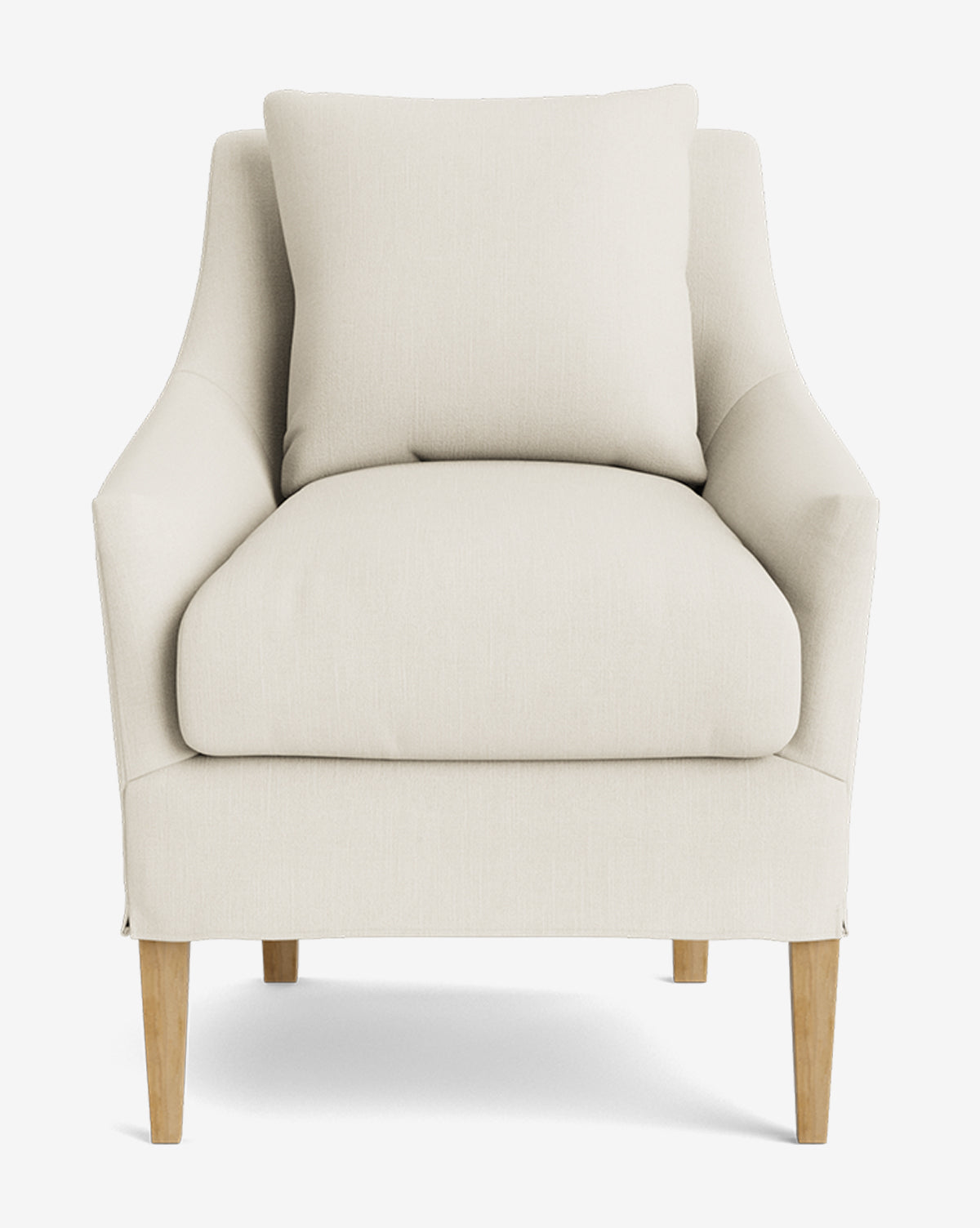 The Sascha Slipcover Dining Chair, shown from the front against a white background, features light beige upholstery, plush cushioning, gently curved arms, wooden legs, and meticulous handcrafted detail, by McGee & Co.