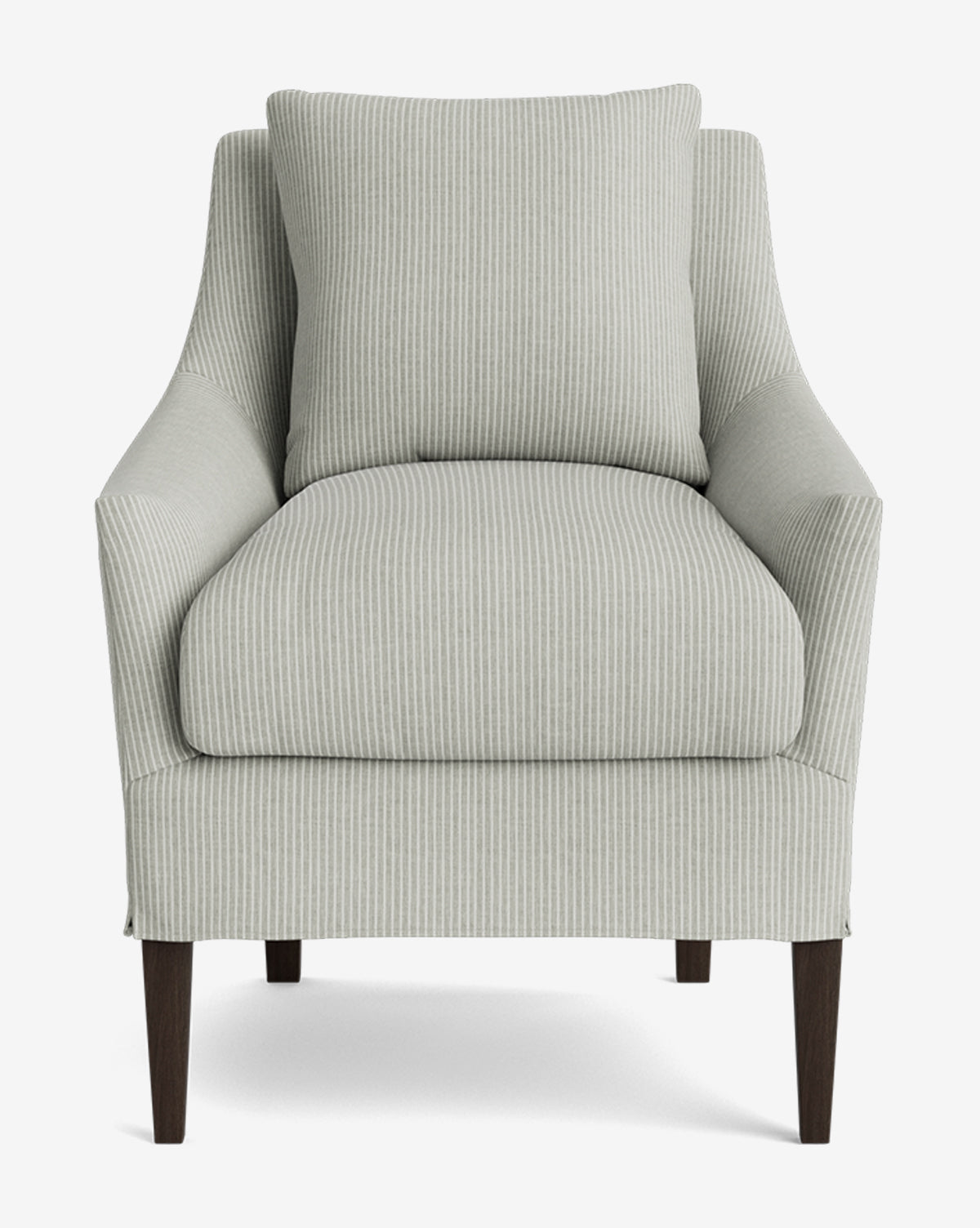 Front view of the Sascha Slipcover Dining Chair, featuring light gray and white pinstripe fabric, a matching cushion, gently curved arms, and dark wooden legs, displayed against a plain white background by McGee & Co.