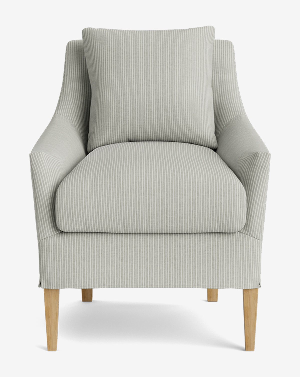 The Sascha Slipcover Dining Chair features a light gray cover with subtle vertical stripes, wooden legs, and a matching cushioned backrest, displayed from the front on a white background by McGee & Co.