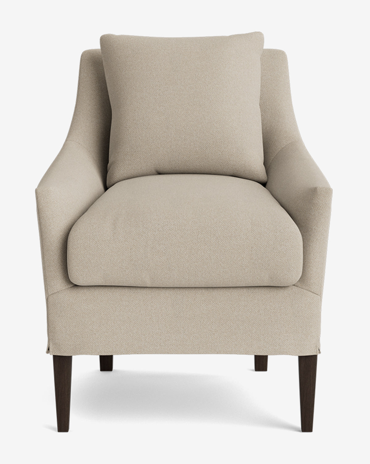 The Sascha Slipcover Dining Chair features beige upholstery, a matching back cushion, gently curved arms, and dark wood legs, creating a handcrafted look when viewed from the front against a white background by McGee & Co.
