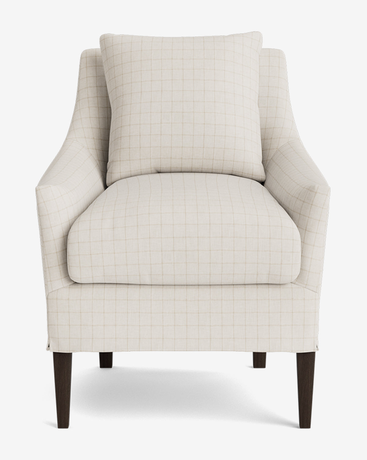 Sascha Slipcover Dining Chair in beige with a subtle checkered pattern, matching back cushion, curved arms, and dark wooden legs—handcrafted and shown from the front against a white background by McGee & Co.