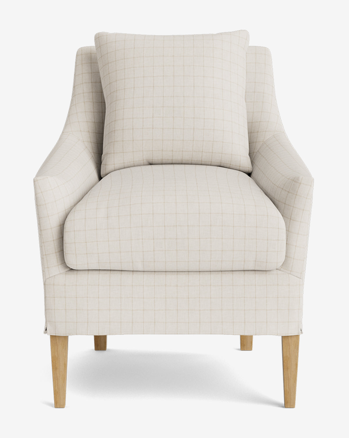 The Sascha Slipcover Dining Chair features light beige upholstery with a subtle grid pattern, wooden legs, and a matching back cushion, offering modern elegance reminiscent of handcrafted design against a white background, by McGee & Co.