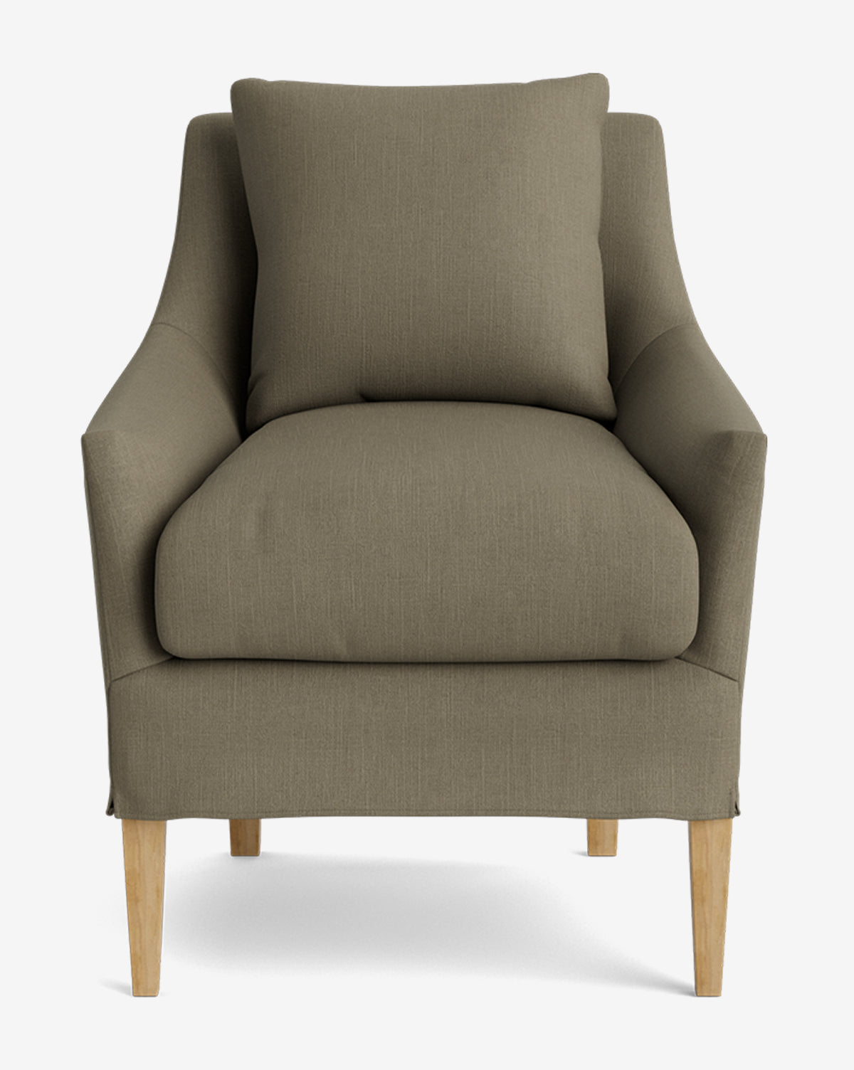 The Sascha Slipcover Dining Chair features light brown fabric upholstery, angled armrests, a cushioned seat with matching back pillow, and light wooden legs, shown front-facing on a white background by McGee & Co.