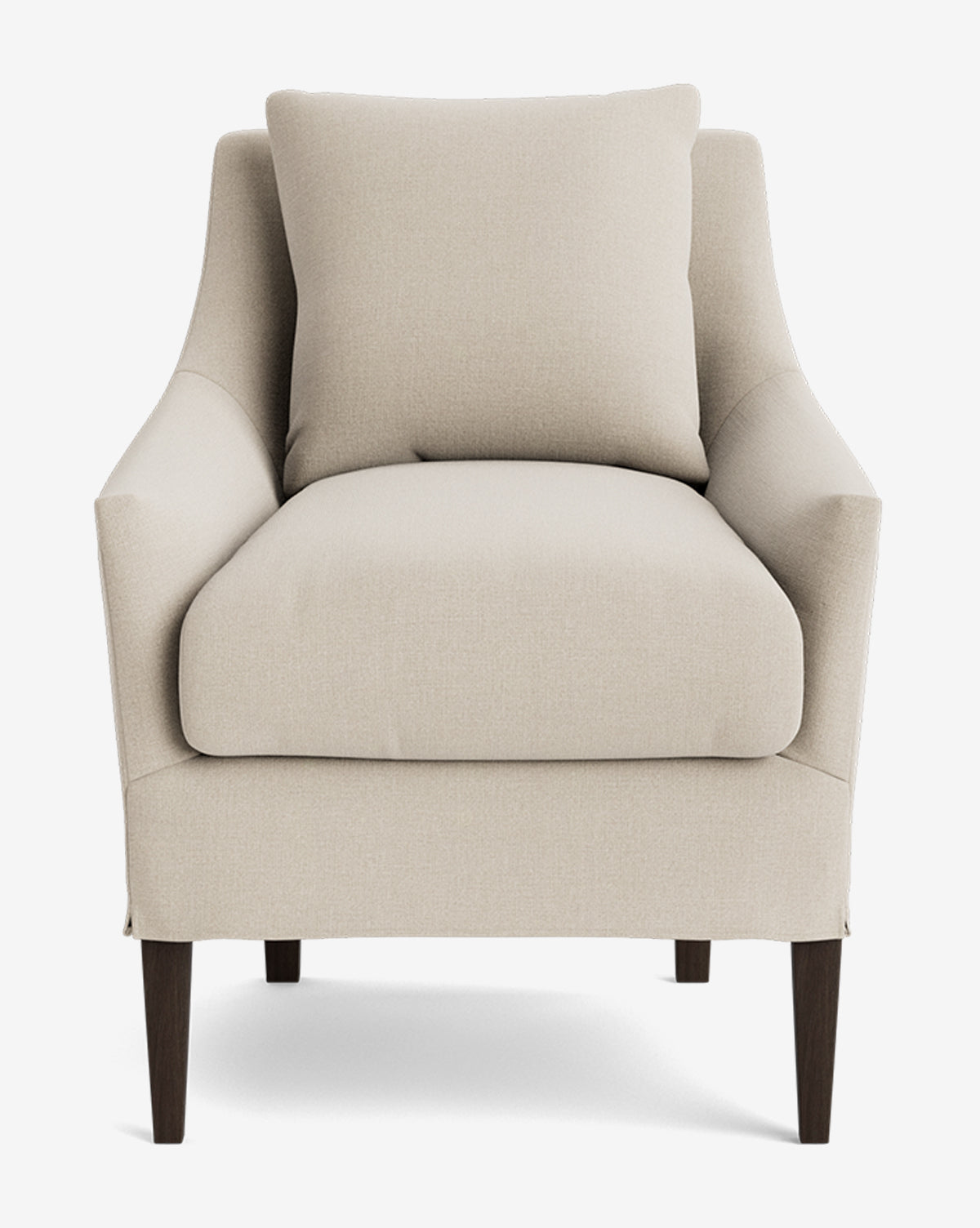 The Sascha Slipcover Dining Chair features beige upholstery, a loose seat cushion, plush back pillow, curved armrests, and dark wooden legs—shown from the front against a white background, ideal for any stylish dining space, by McGee & Co.