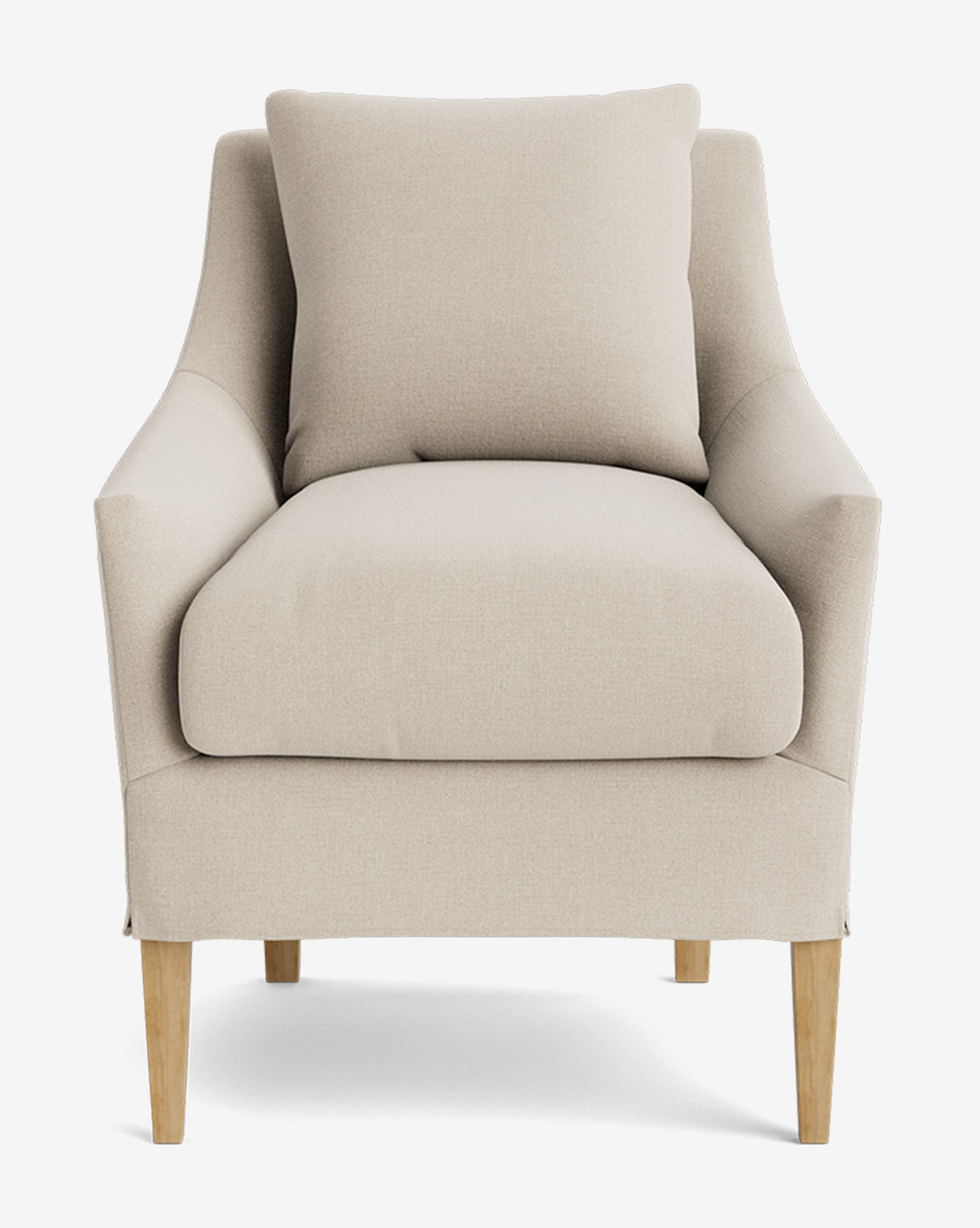 The Sascha Slipcover Dining Chair features beige upholstery, a plush seat cushion, a matching back pillow, and gently curved armrests on four light wooden legs, blending handcrafted elegance with comfort—shown against a white background by McGee & Co.