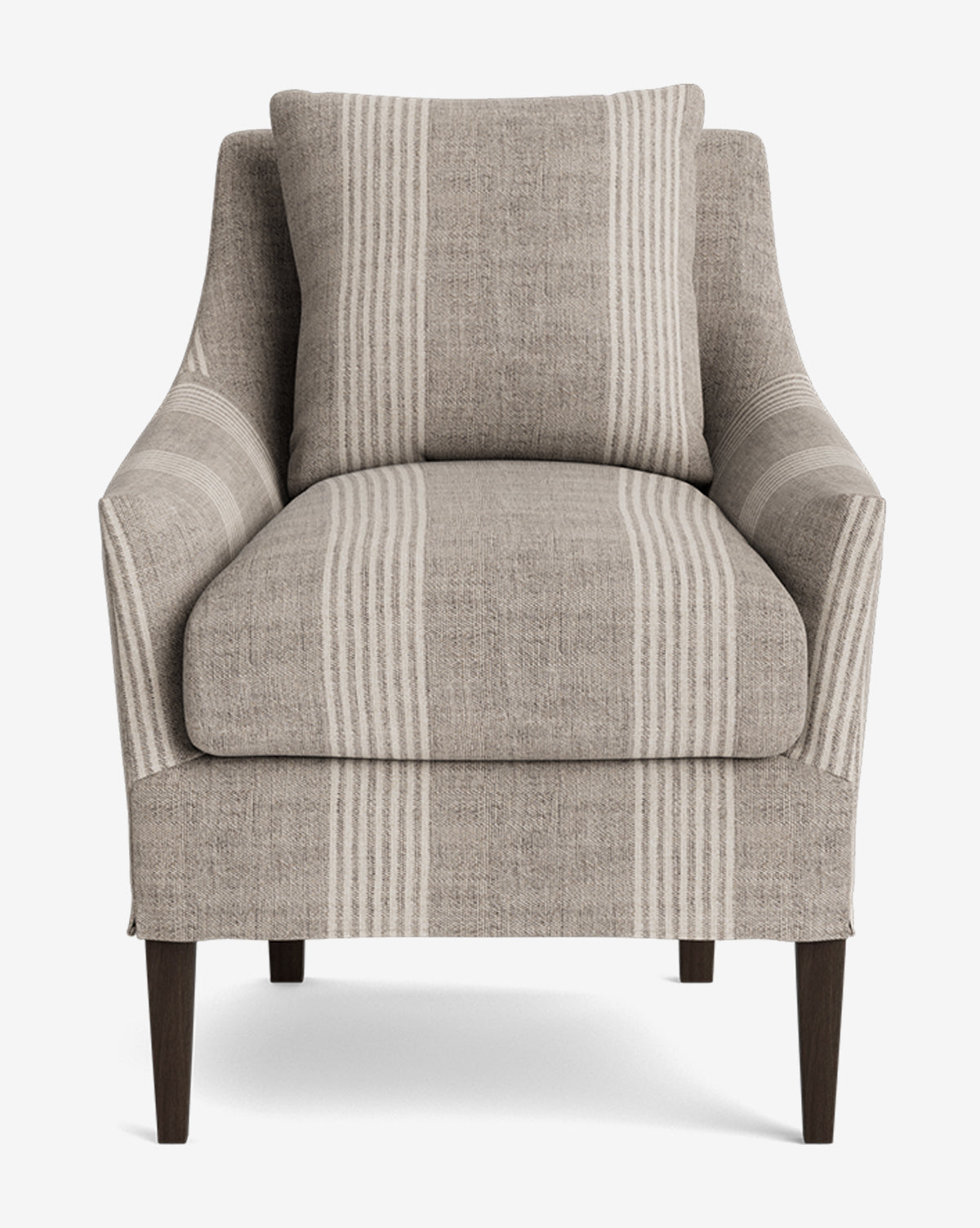 The Sascha Slipcover Dining Chair, shown from the front against a white background, features beige upholstery with light vertical stripes, a matching cushion, and dark wooden legs, by McGee & Co.