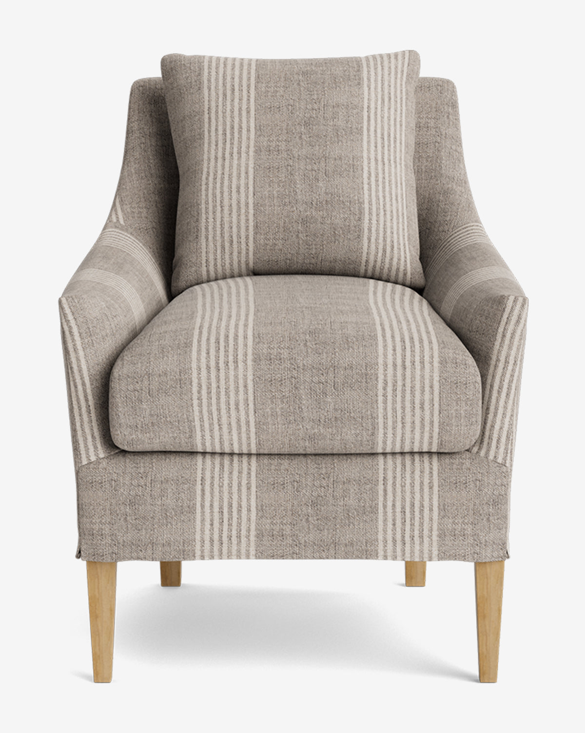 The Sascha Slipcover Dining Chair features cozy beige and cream vertical stripes, wooden legs, and a matching pillow for handcrafted comfort, shown from the front against a white background by McGee & Co.
