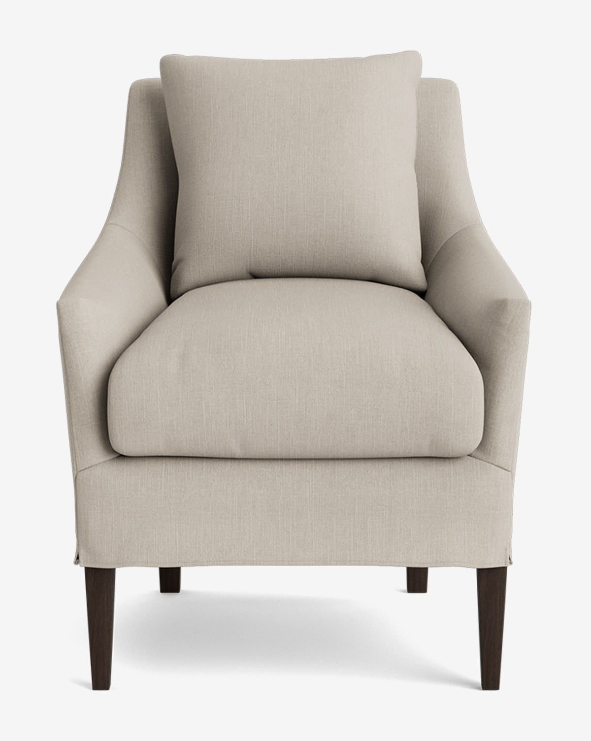 A front view of the Sascha Slipcover Dining Chair, featuring light beige upholstery, plush seat and back cushions, slightly flared arms, and dark wooden legs by McGee & Co.