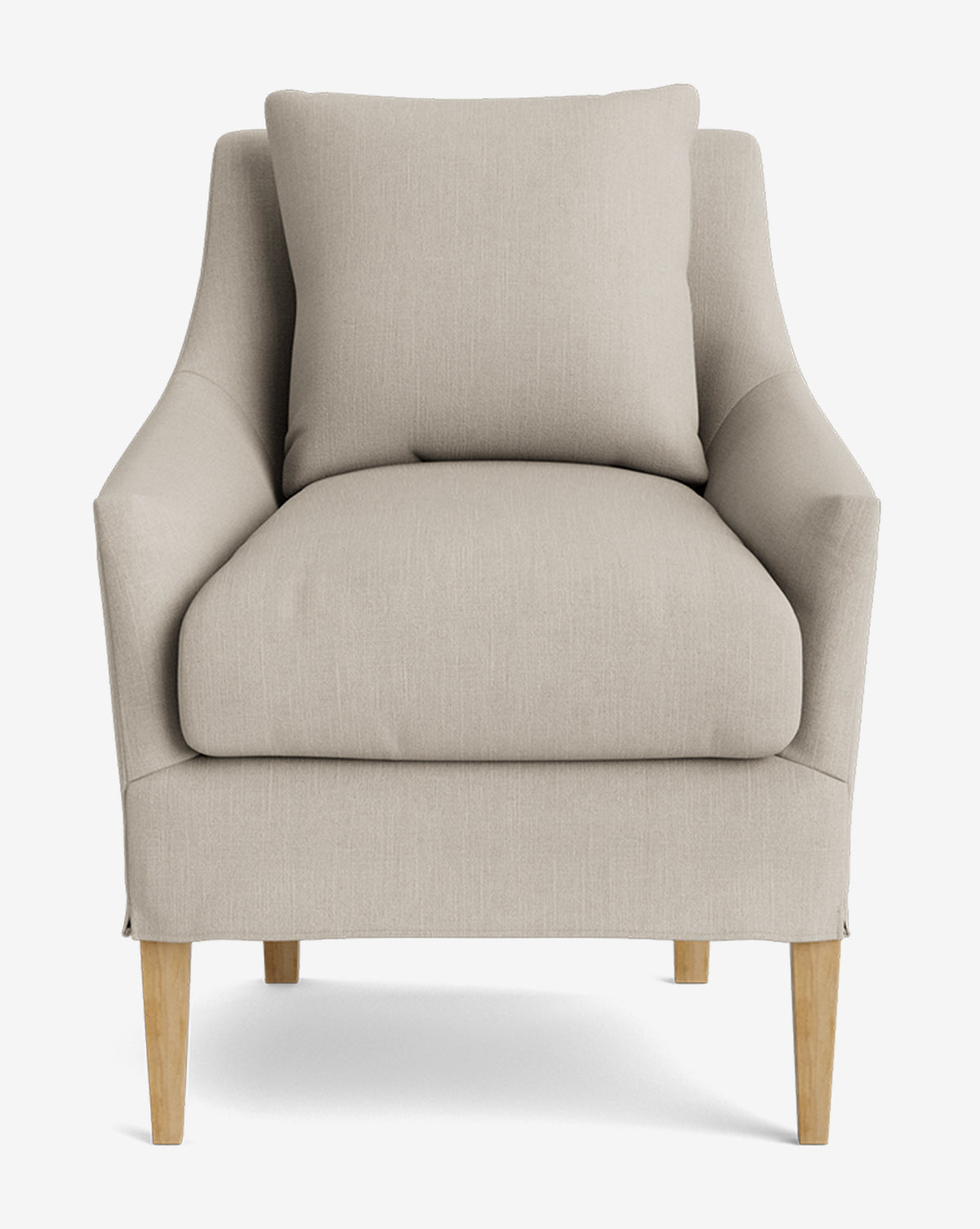 The Sascha Slipcover Dining Chair features light beige upholstery, thick cushioned seat and back, and wooden legs, shown from the front against a white background—perfect as a handcrafted addition to your dining space, by Vendixs