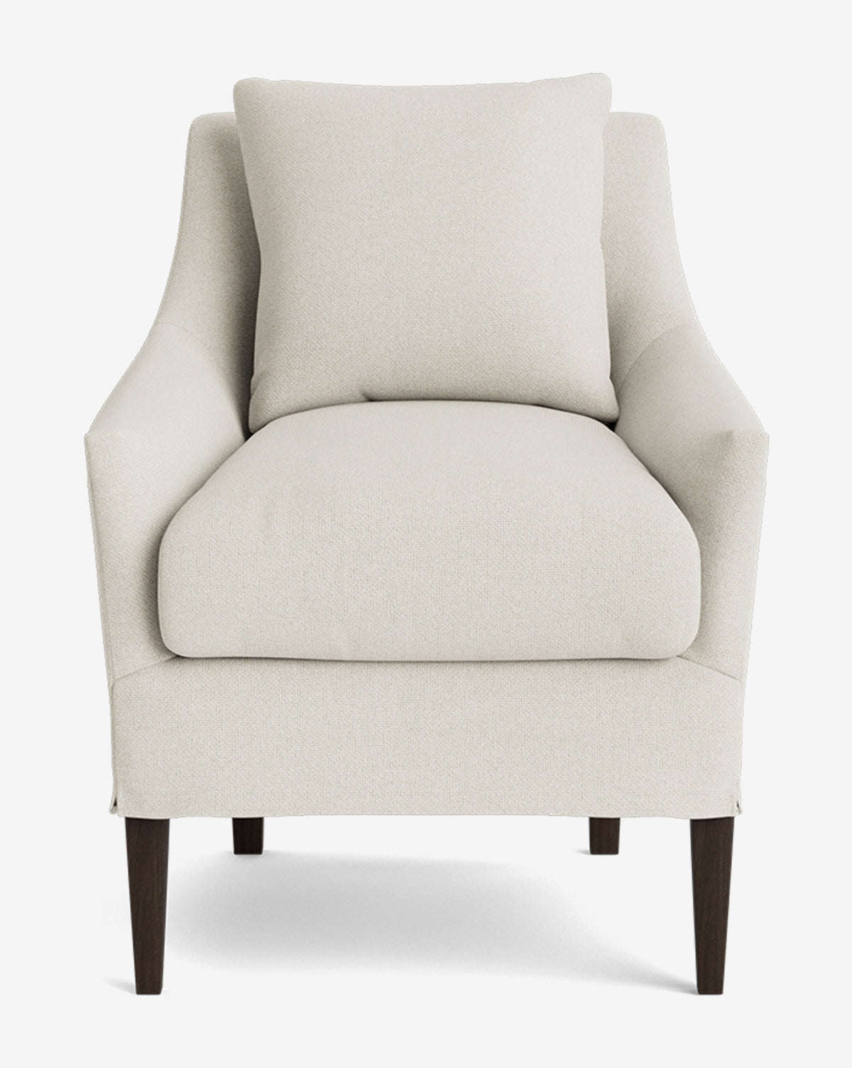 Front view of the Sascha Slipcover Dining Chair featuring light beige upholstery, plush seat and back cushions, slightly curved arms, and four dark wooden legs, by McGee & Co.