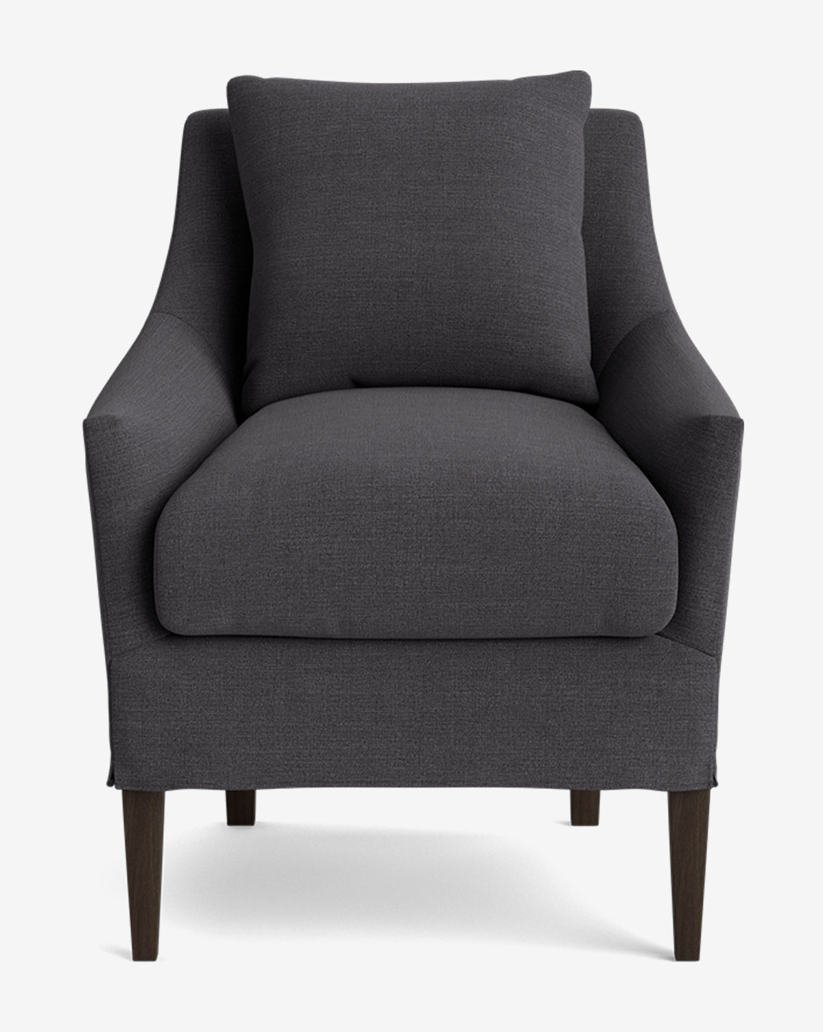 The Sascha Slipcover Dining Chair features dark gray upholstery, a matching square cushion, slightly curved arms, and dark wooden legs, by McGee & Co. Shown from the front against a plain white background.