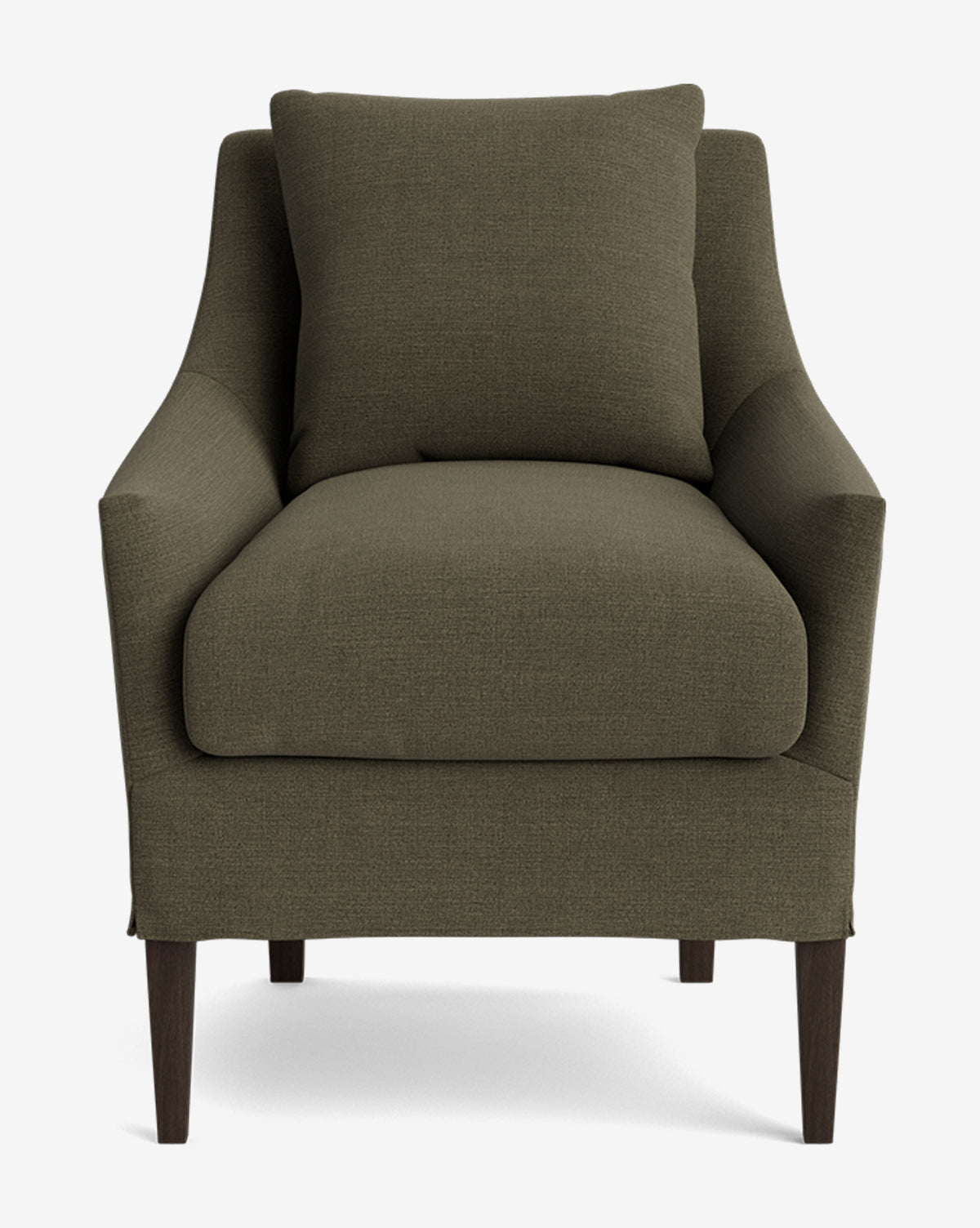 Front view of the Sascha Slipcover Dining Chair in olive green, featuring a matching back cushion, slightly angled armrests, and dark wooden legs—combining handcrafted comfort with modern style against a plain white background, by Vendixs