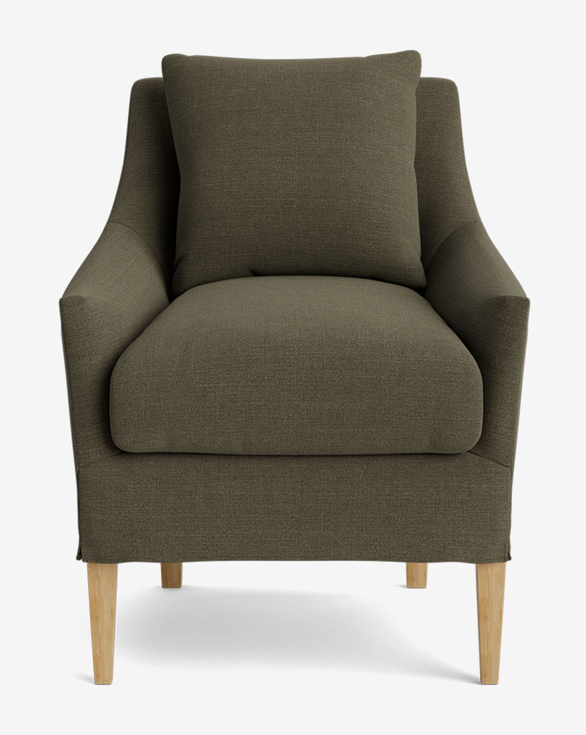 The Sascha Slipcover Dining Chair features olive green upholstery, a matching back cushion, gently curved armrests, and light wooden legs, showcased against a plain white background by McGee & Co.